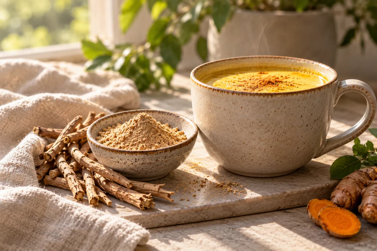 Dried ashwagandha roots and a small bowl of root powder on a weathered wooden board