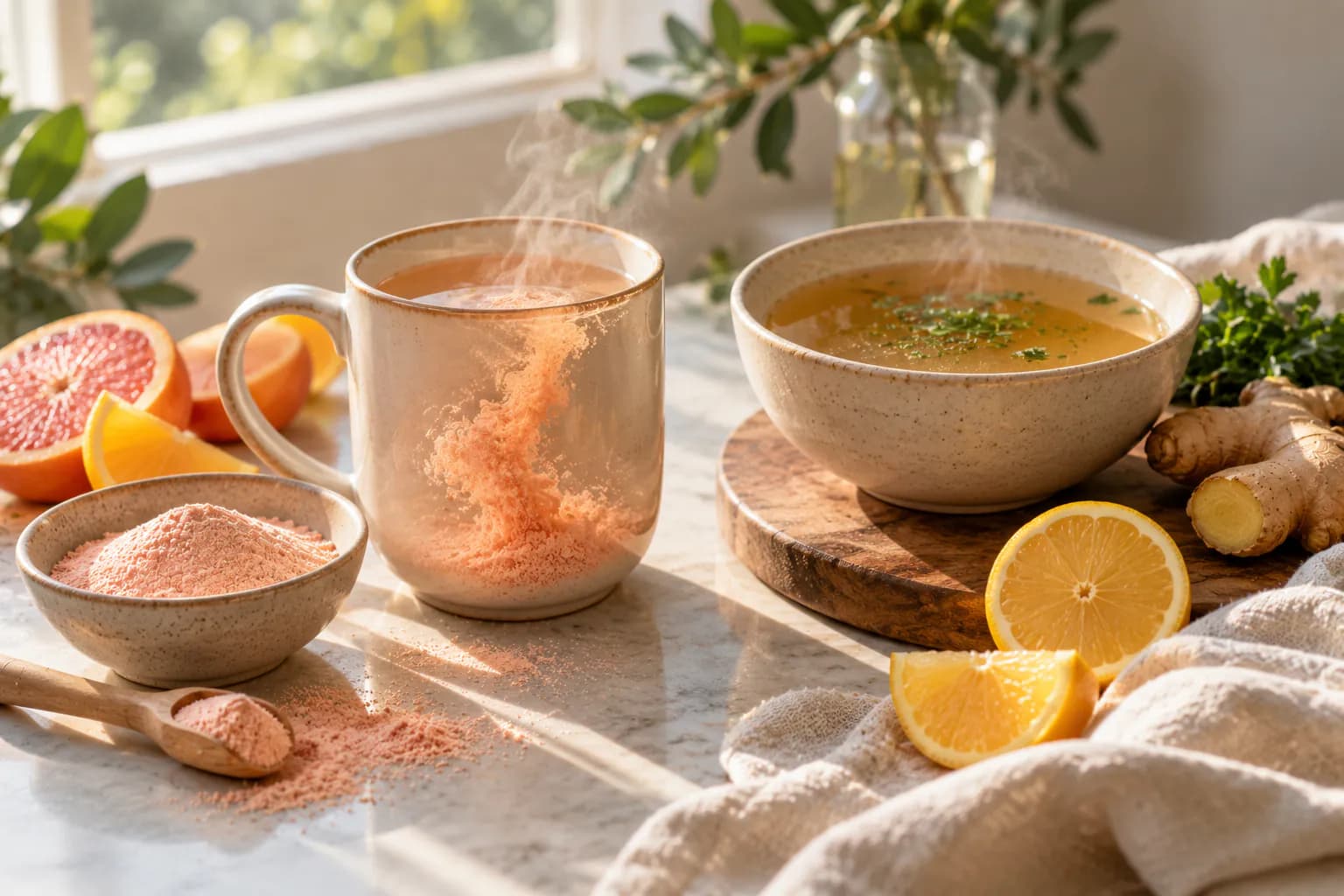 Unlabeled jar of white collagen powder with a wooden scoop beside a glass of water on a stone countertop