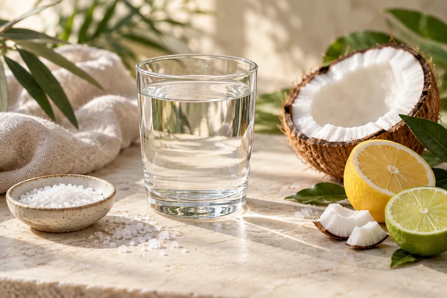 Glasses of plain and lightly tinted water on a wooden table beside a small bowl of sea salt, a halved lemon and a banana.