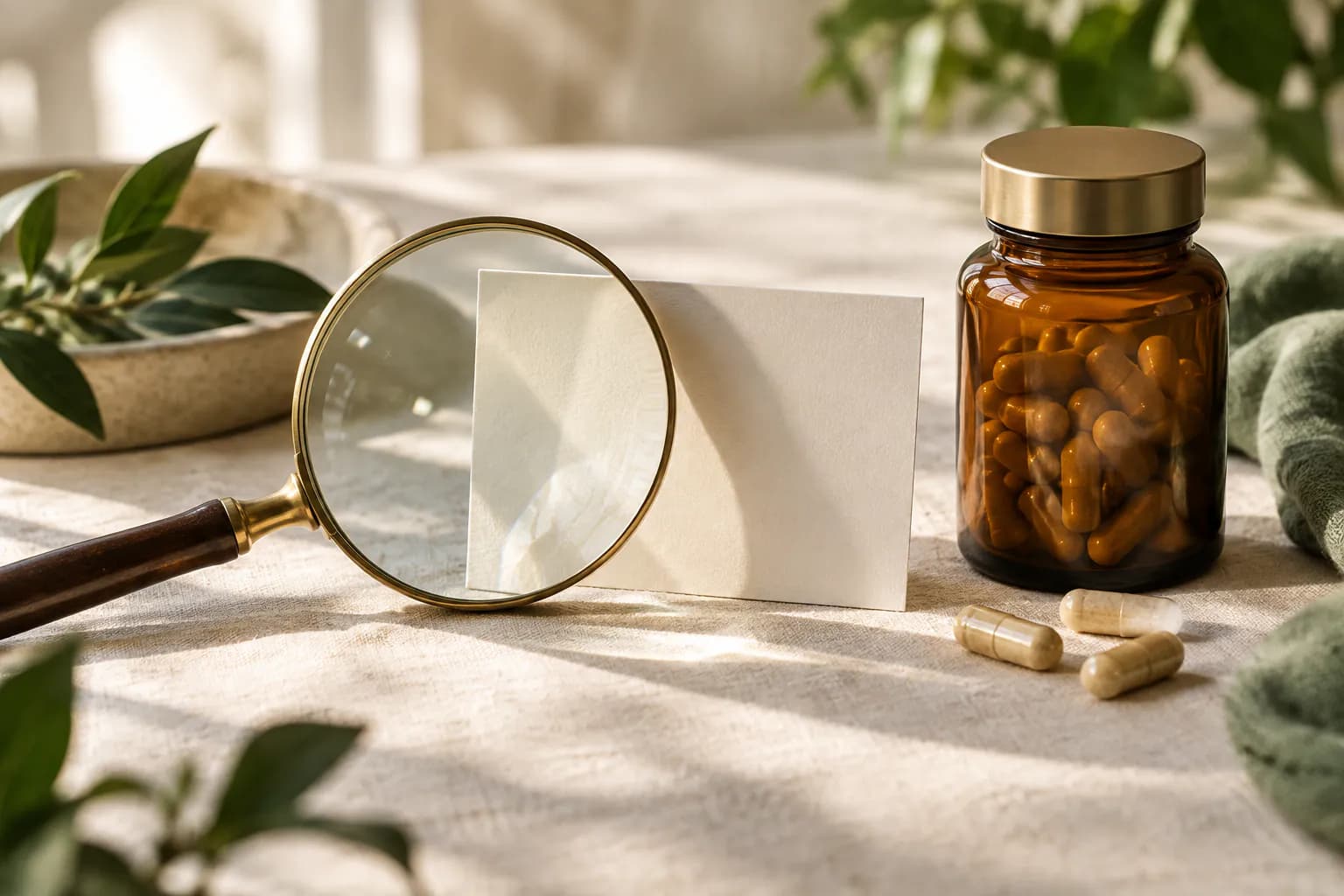An amber supplement bottle with a blank label next to a magnifying glass, capsules and a notebook on a wooden table in soft daylight