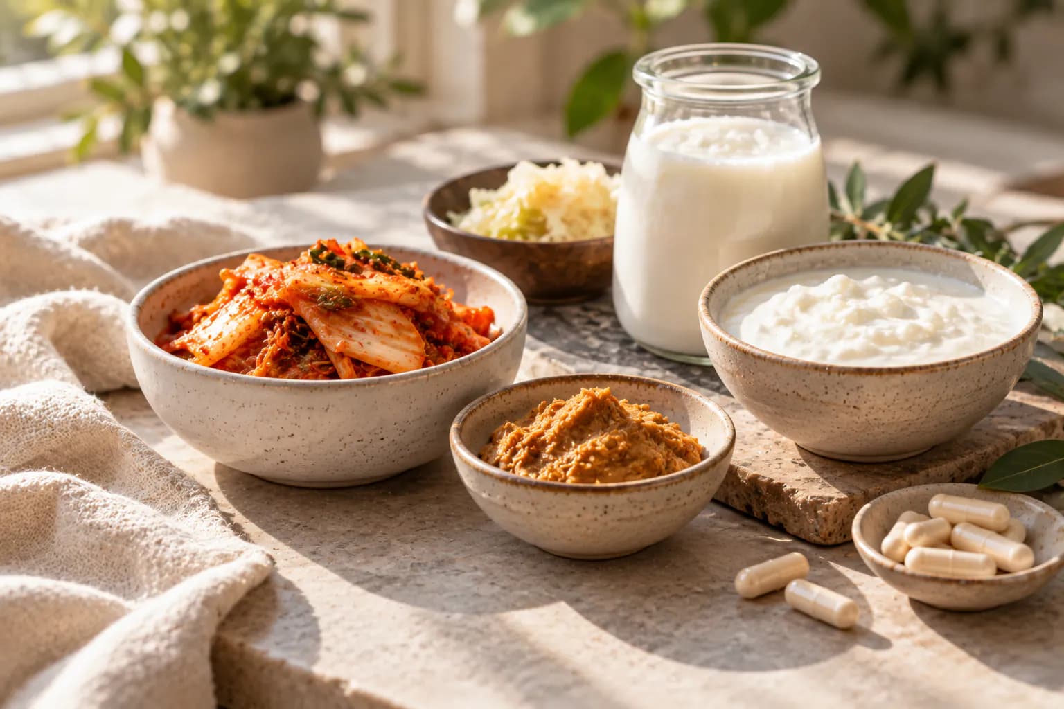 Bowl of plain yogurt, a jar of sauerkraut and a few clear capsules on a light linen tablecloth