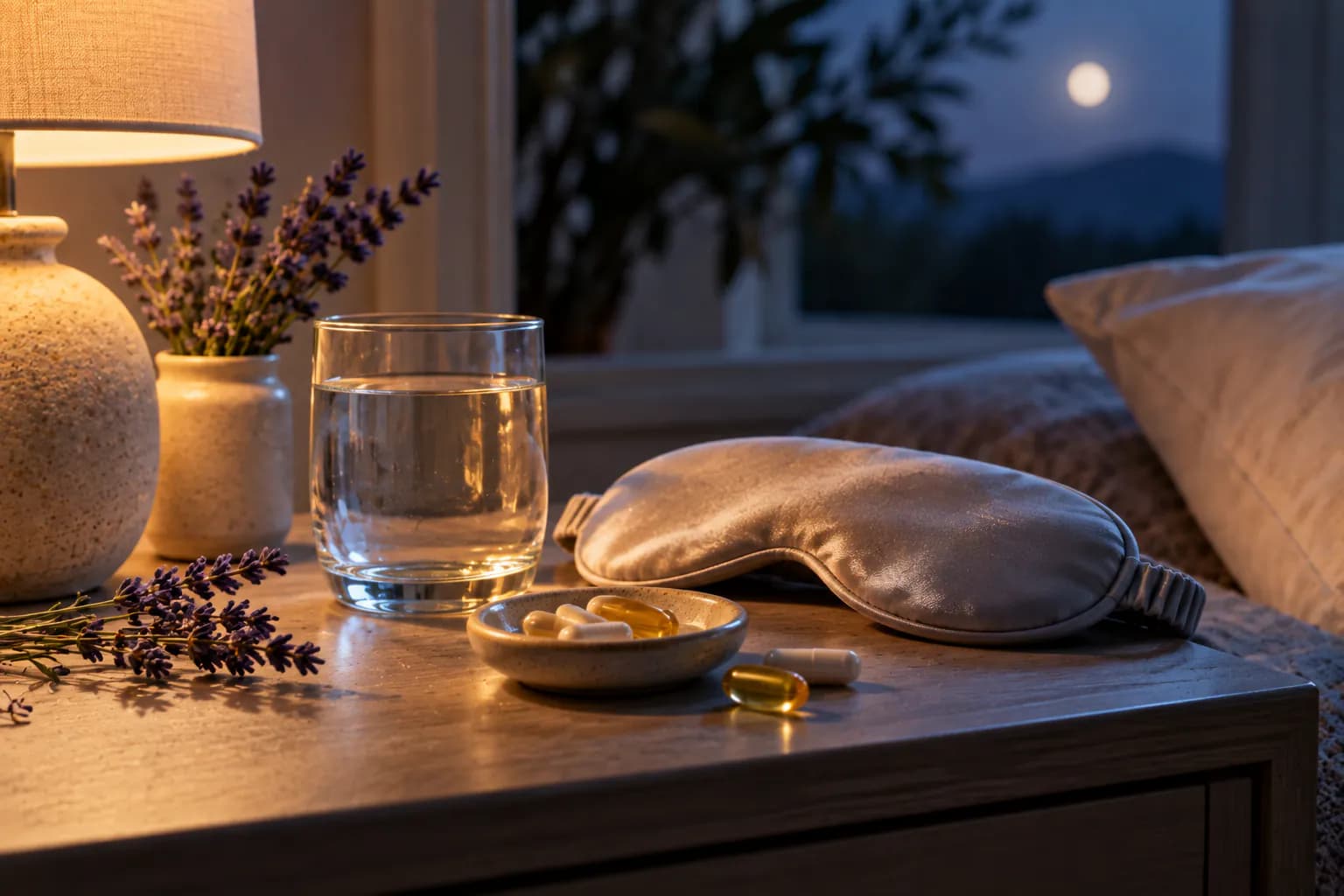 Bedside table at dusk with a glass of water, a small dish of plain capsules and a softly glowing lamp