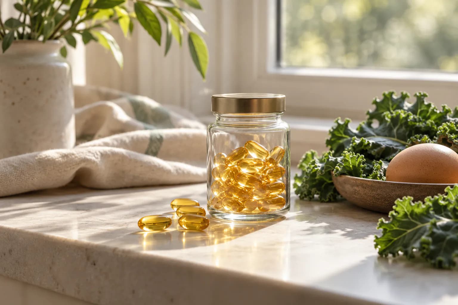 Golden vitamin D softgels and an unlabeled dropper bottle beside a soft-boiled egg, fermented soybeans and salmon in warm sunlight.