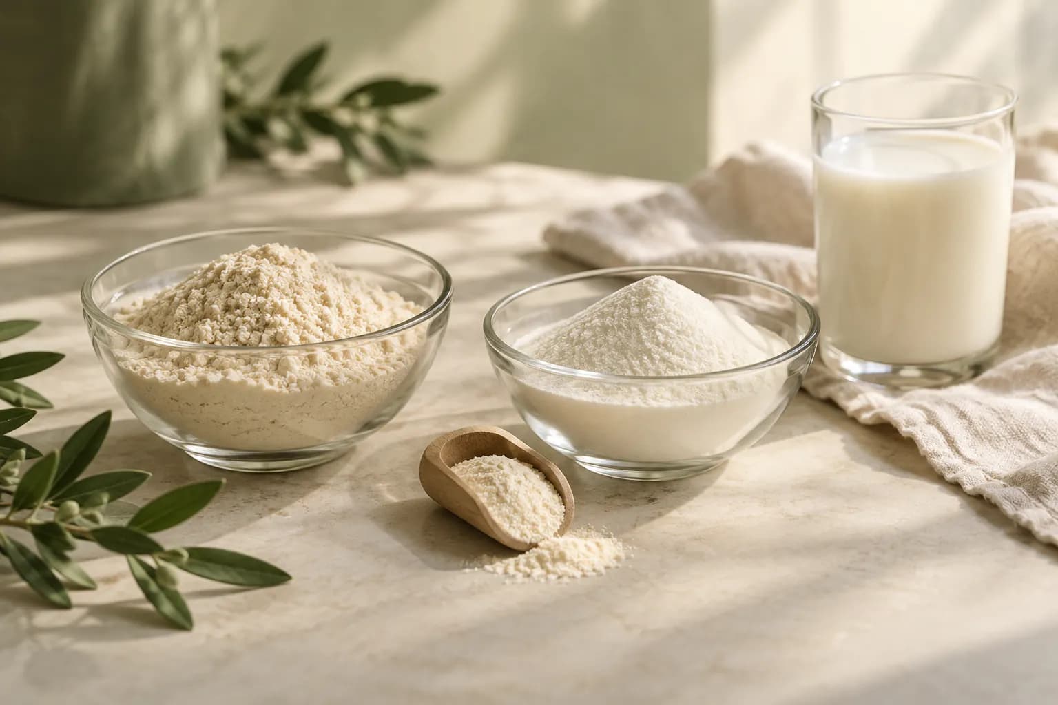 Three small glass bowls of pale protein powder in slightly different shades beside a metal scoop and a glass of protein shake