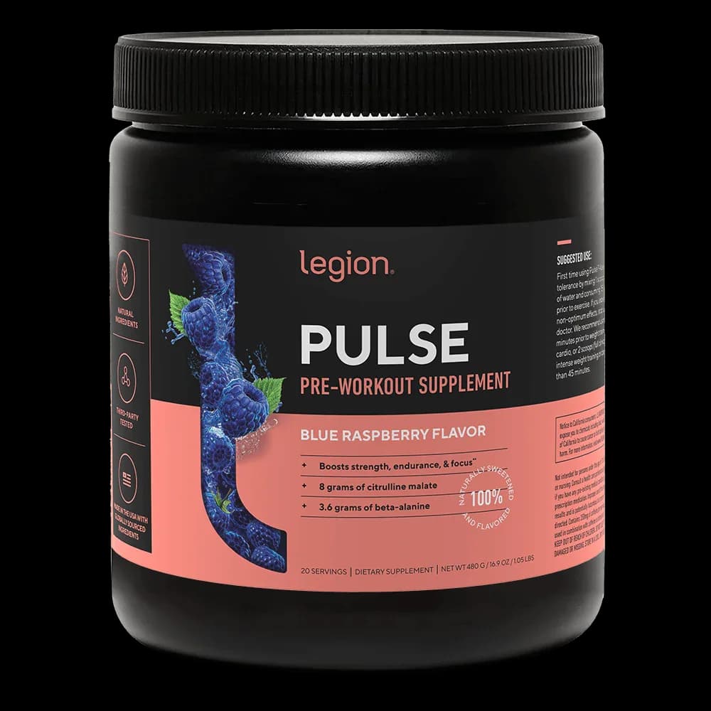 Front of Legion Pulse Pre-Workout Blue Raspberry 20-serving tub