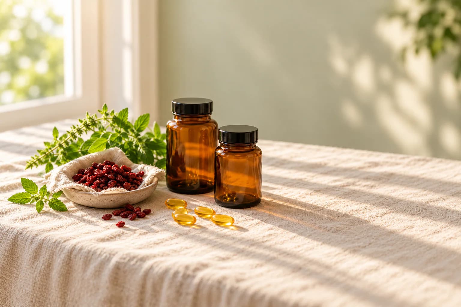 Plain amber supplement bottles and yellow capsules beside a dish of dried barberries on a cream linen cloth