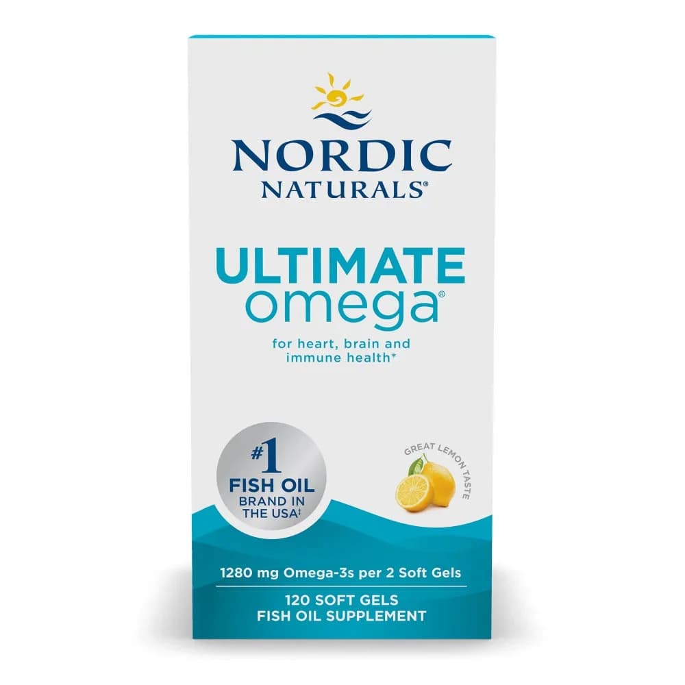 Front of Nordic Naturals Ultimate Omega 120 soft gel box, lemon flavor