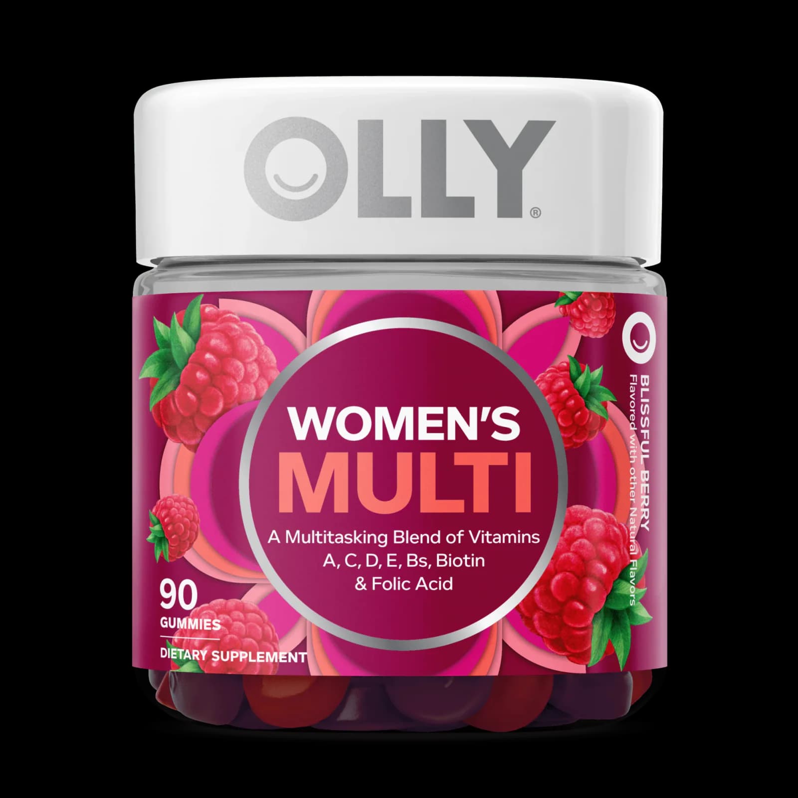Front of OLLY Women's Multi 90-gummy bottle, Blissful Berry
