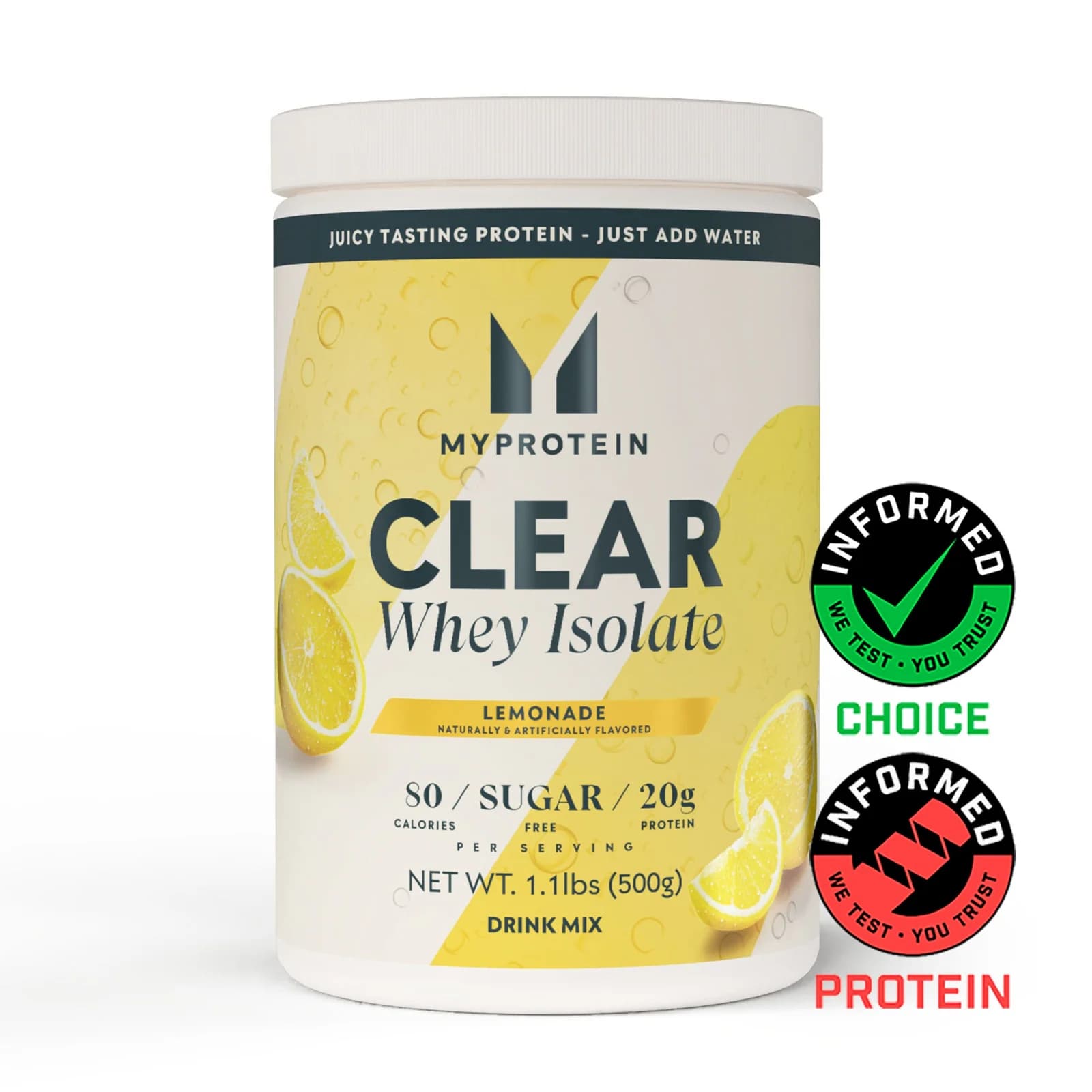 Front of Myprotein Clear Whey Isolate Lemonade 1.1 lb tub with Informed Choice and Informed Protein marks