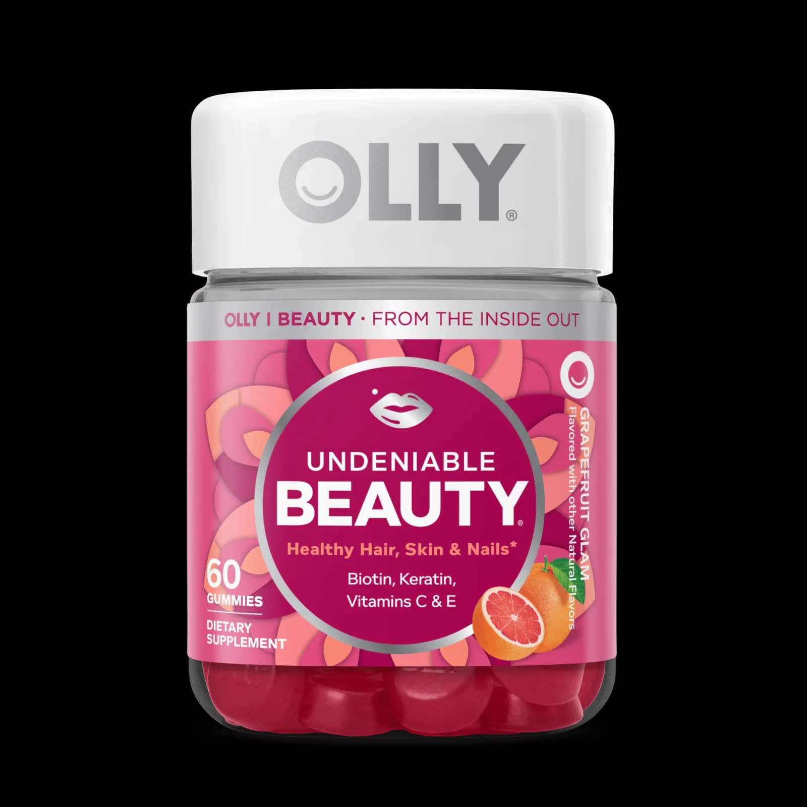 Front of OLLY Undeniable Beauty 60-gummy bottle, Grapefruit Glam flavor