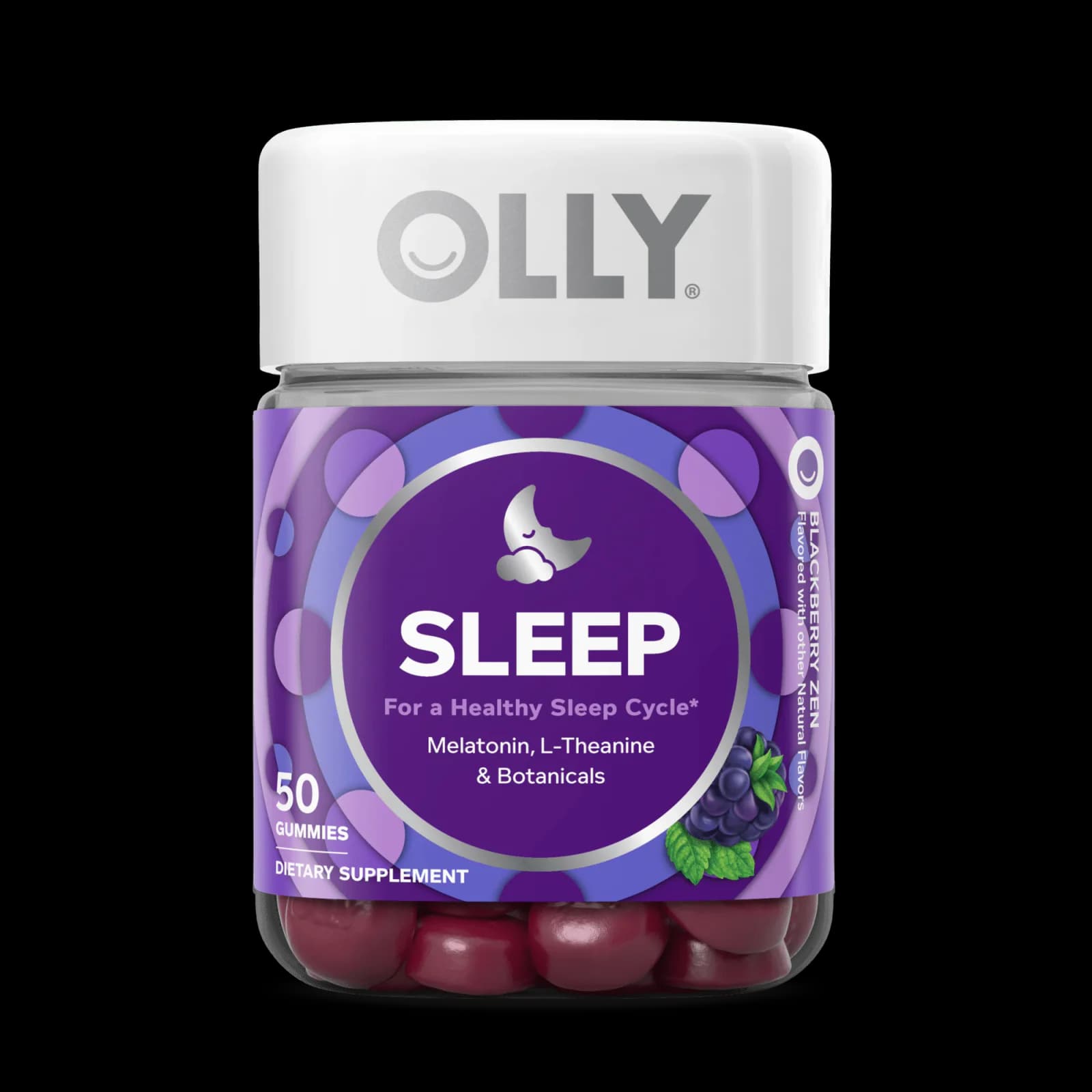 Front of OLLY Sleep Blackberry Zen gummies bottle, 50 count