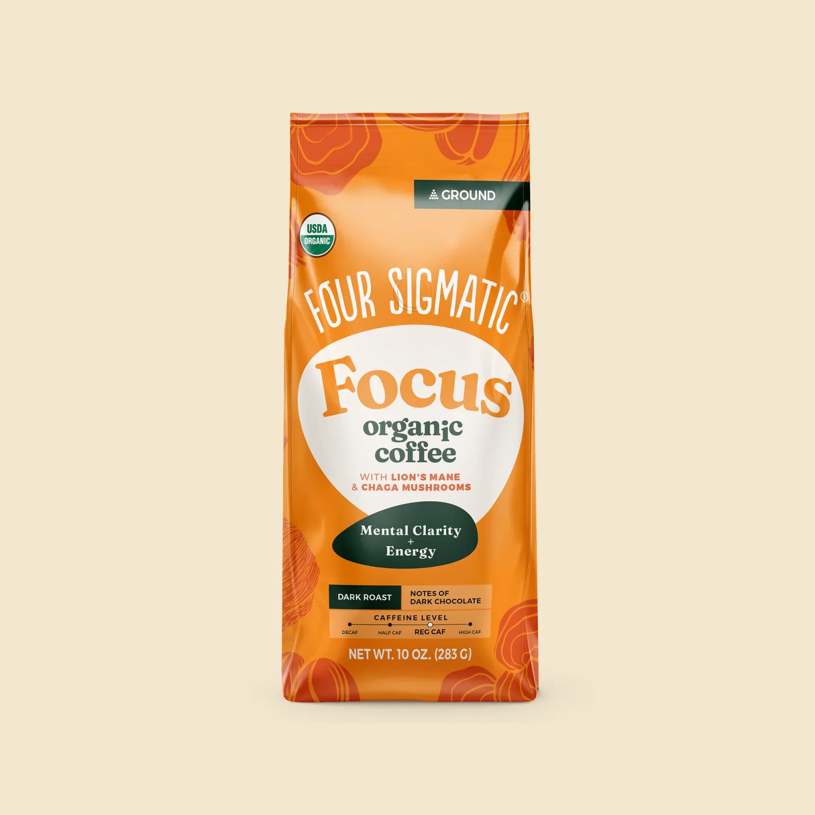 Front of Four Sigmatic Focus organic ground coffee with lion's mane and chaga, dark roast 10 oz bag