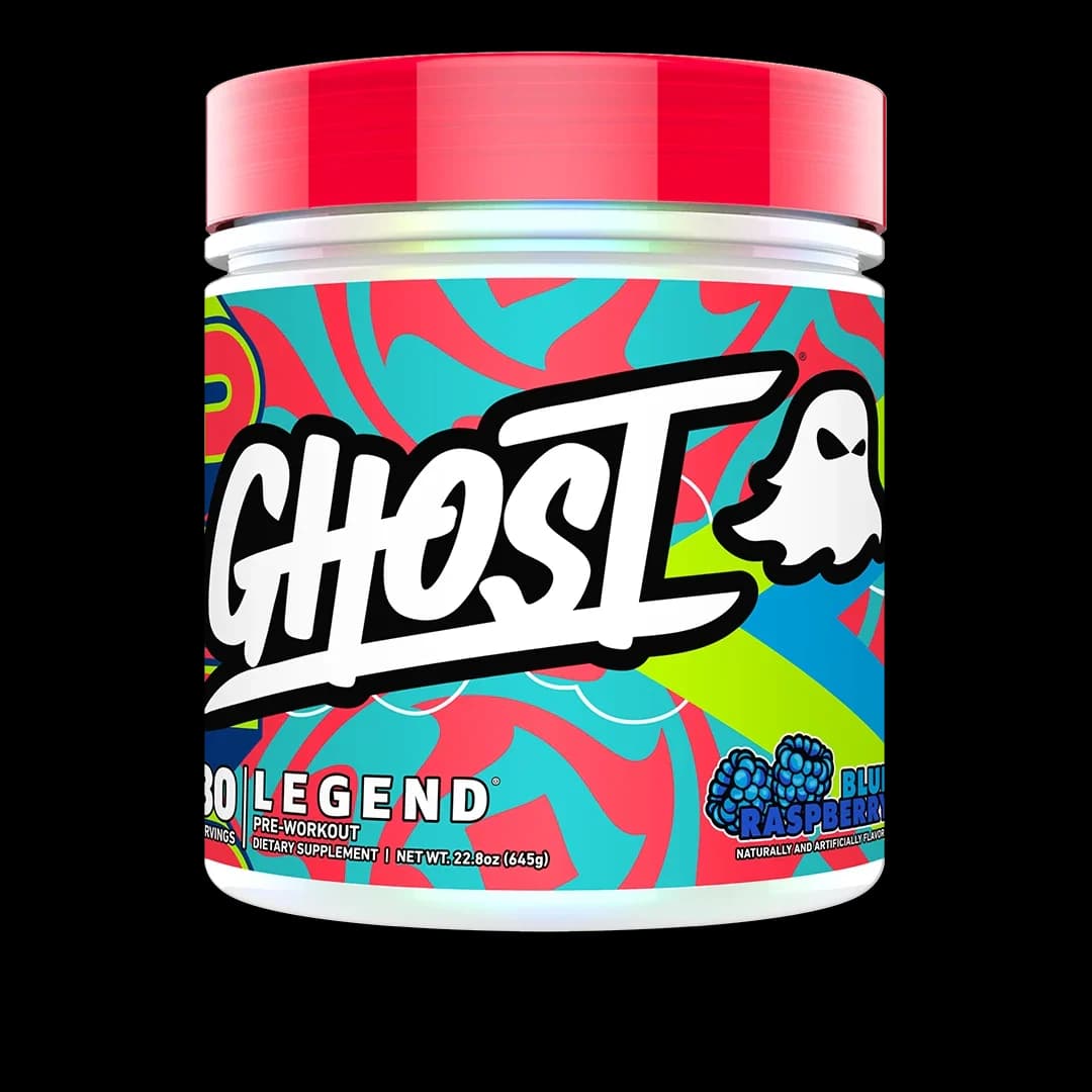 Front of GHOST Legend V4 Pre-Workout Blue Raspberry 30-serving tub