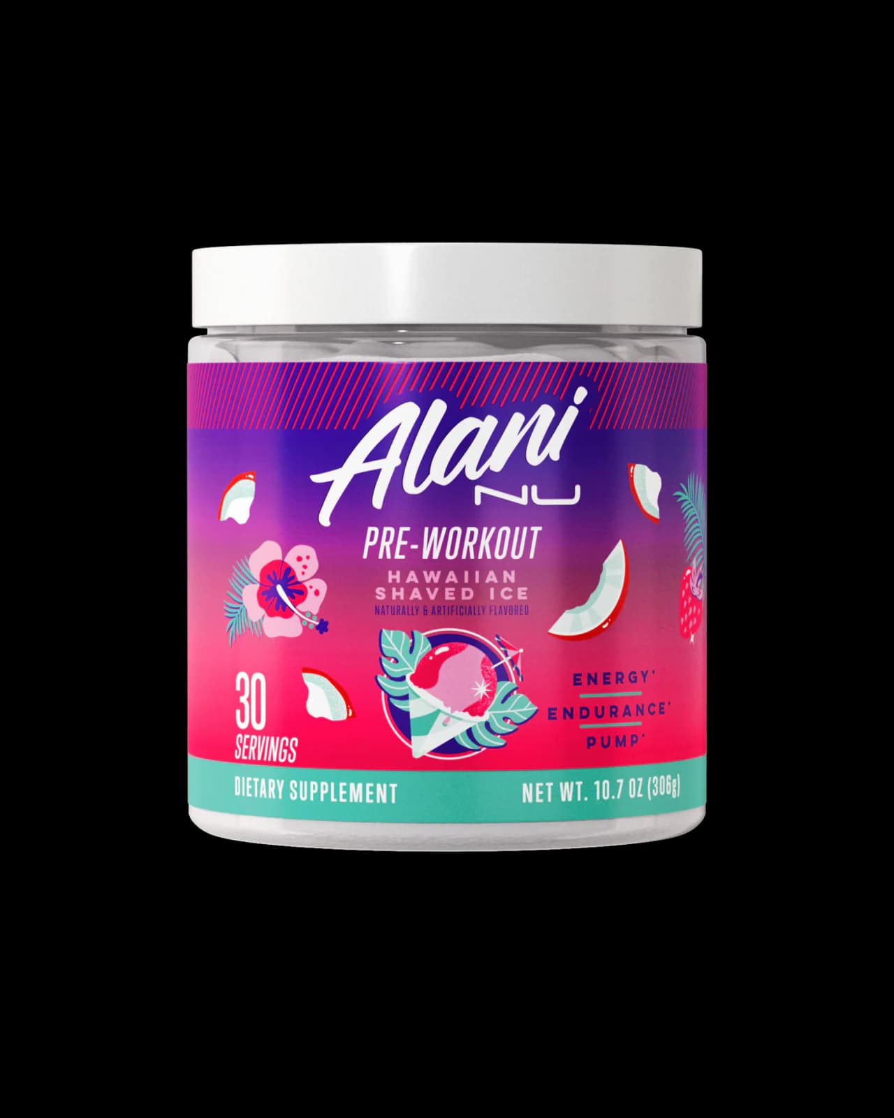 Front of Alani Nu Pre-Workout Hawaiian Shaved Ice 30-serving tub