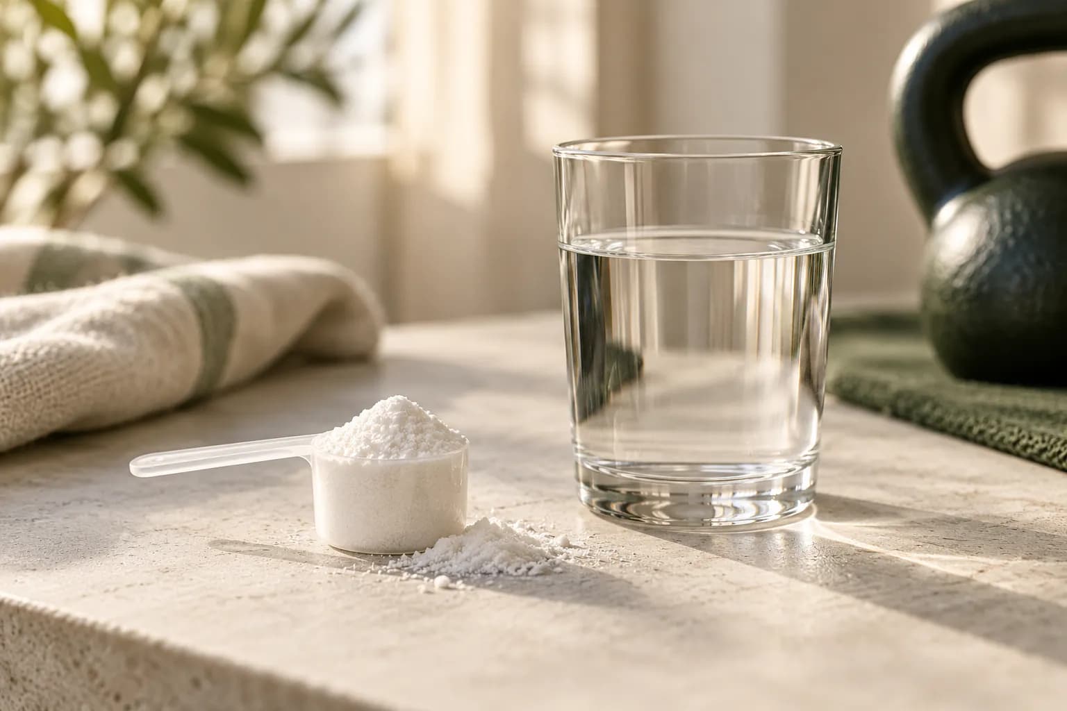 Small ceramic bowl of white creatine powder with a metal measuring scoop and a glass of water on a pale stone countertop
