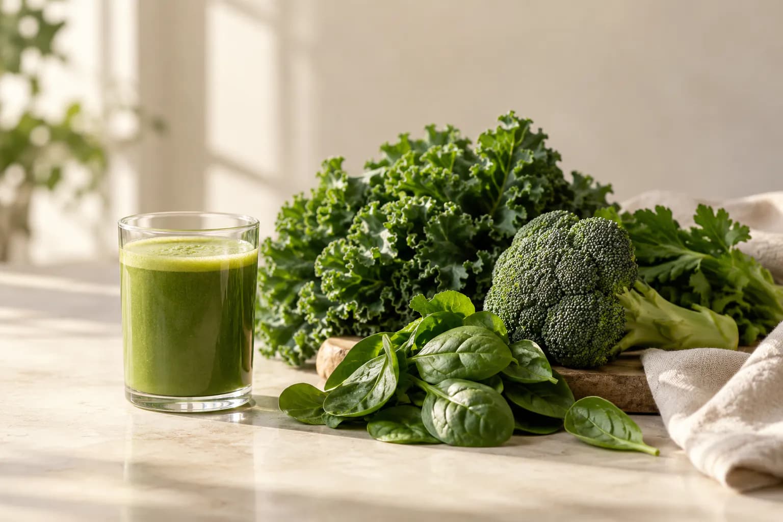 A glass of green drink next to a bowl of green powder, frozen broccoli florets and fresh leafy greens on a stone countertop