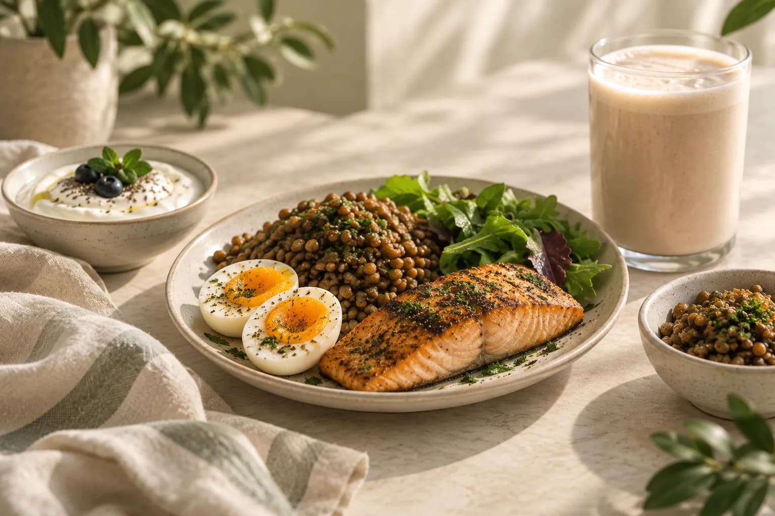 Overhead view of protein-rich foods including eggs, yogurt, lentils, tofu, salmon, chicken, almonds and edamame in ceramic dishes on a wooden table