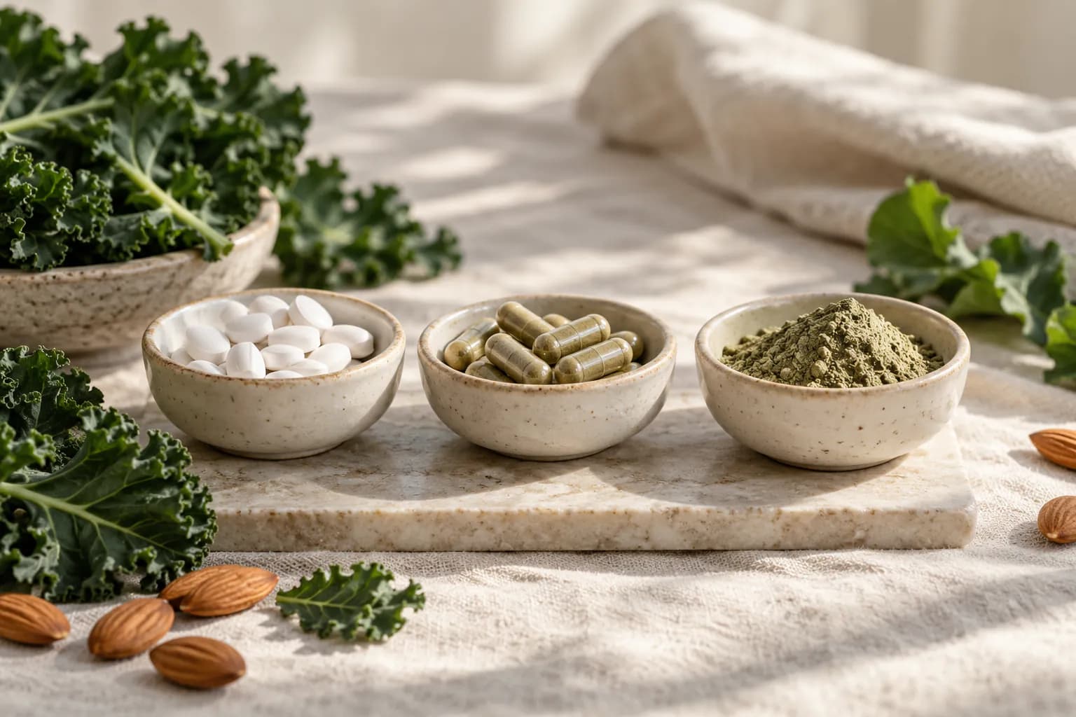 Three small ceramic dishes holding magnesium capsules, powder and tablets beside a glass of water, pumpkin seeds and almonds.