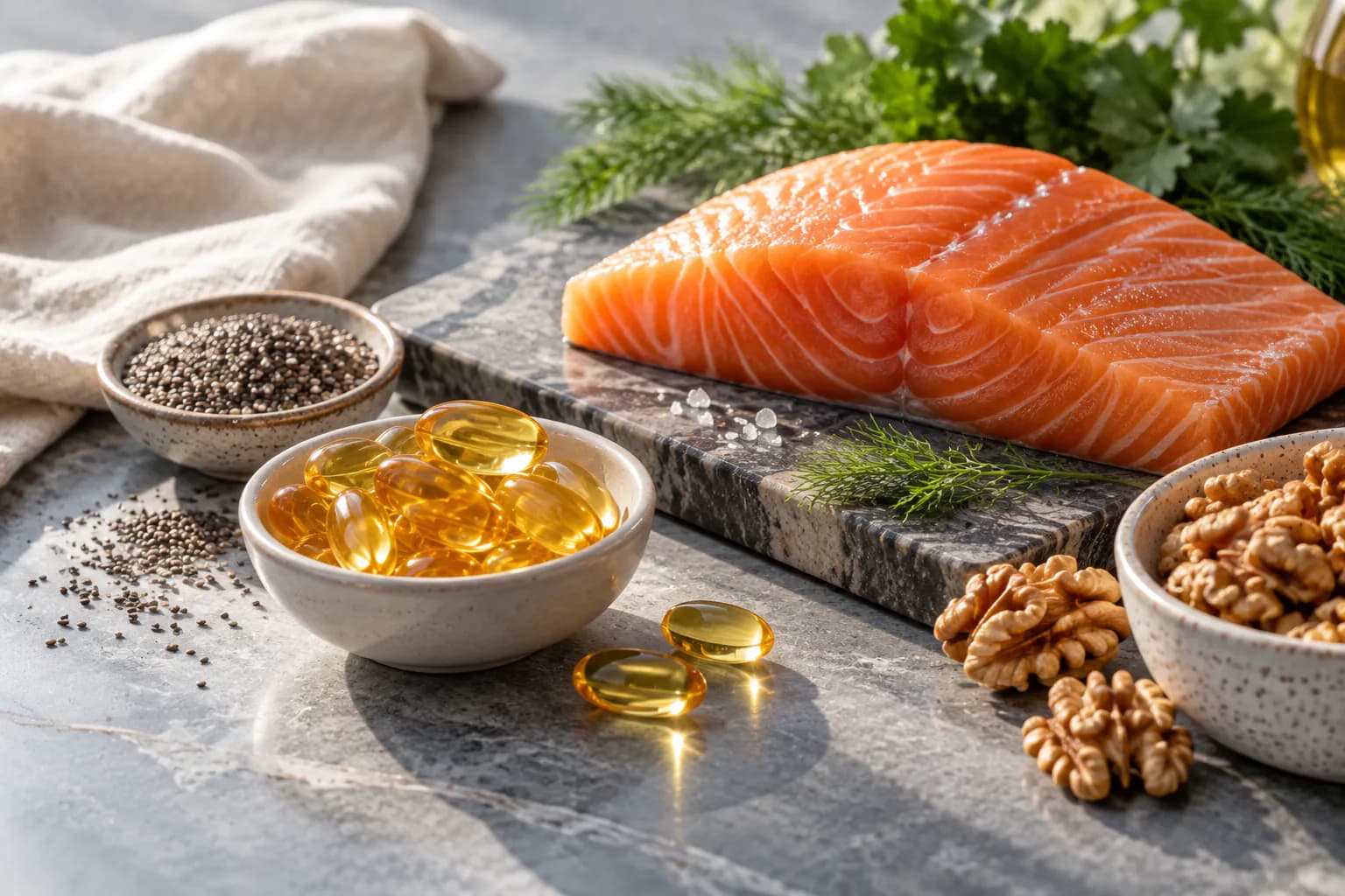 Amber fish oil softgels in a glass dish beside a raw salmon fillet, a lemon wedge and a small vial of green algae oil.