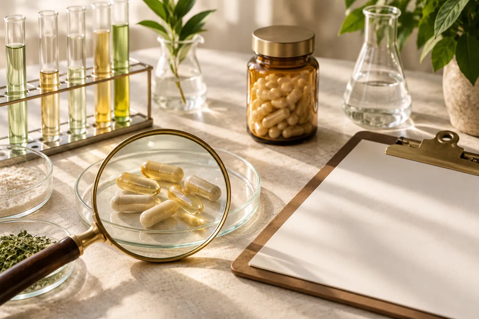 Glass sample vials, a pipette and an unlabeled supplement bottle on a laboratory bench in cool daylight