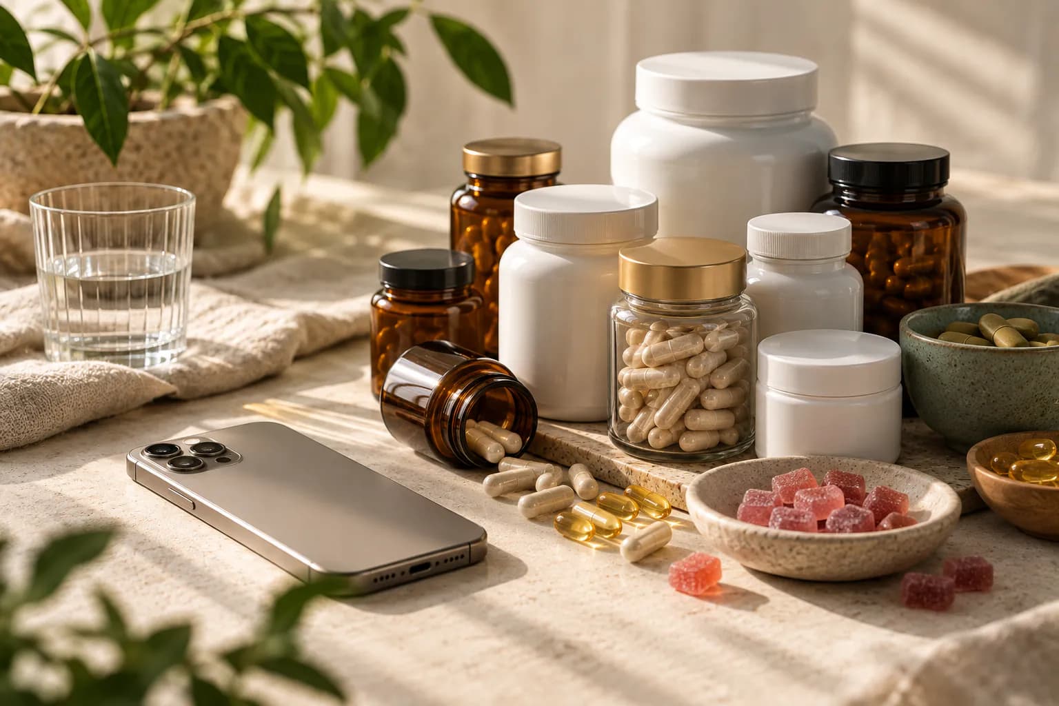 A smartphone with a blank screen beside an unlabeled supplement tub, gummies and an opened shipping box on a kitchen counter
