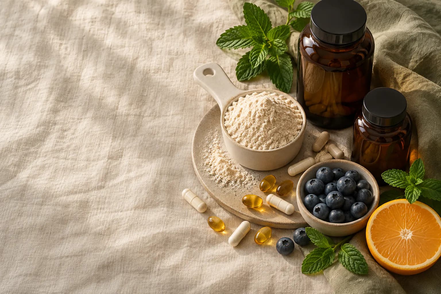 Supplements, protein powder and fresh fruit on linen