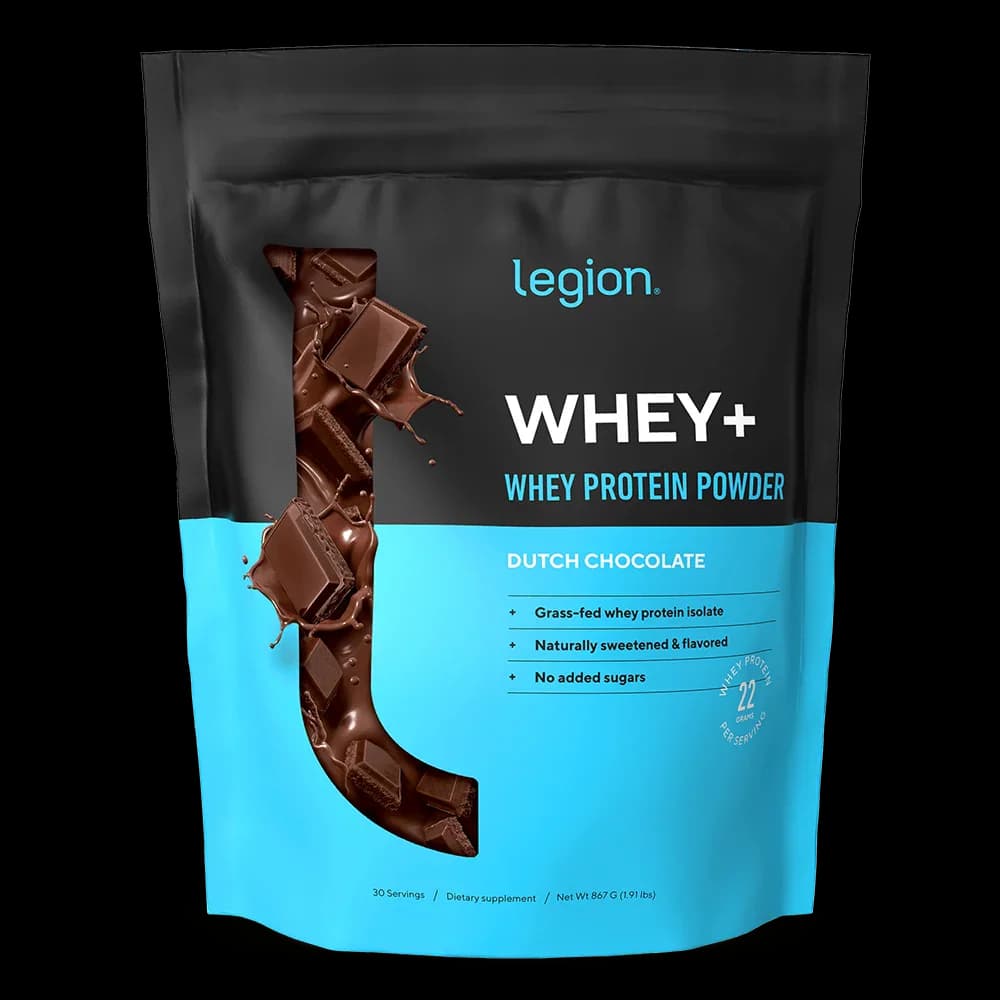Front of Legion Whey+ Dutch Chocolate 30-serving bag
