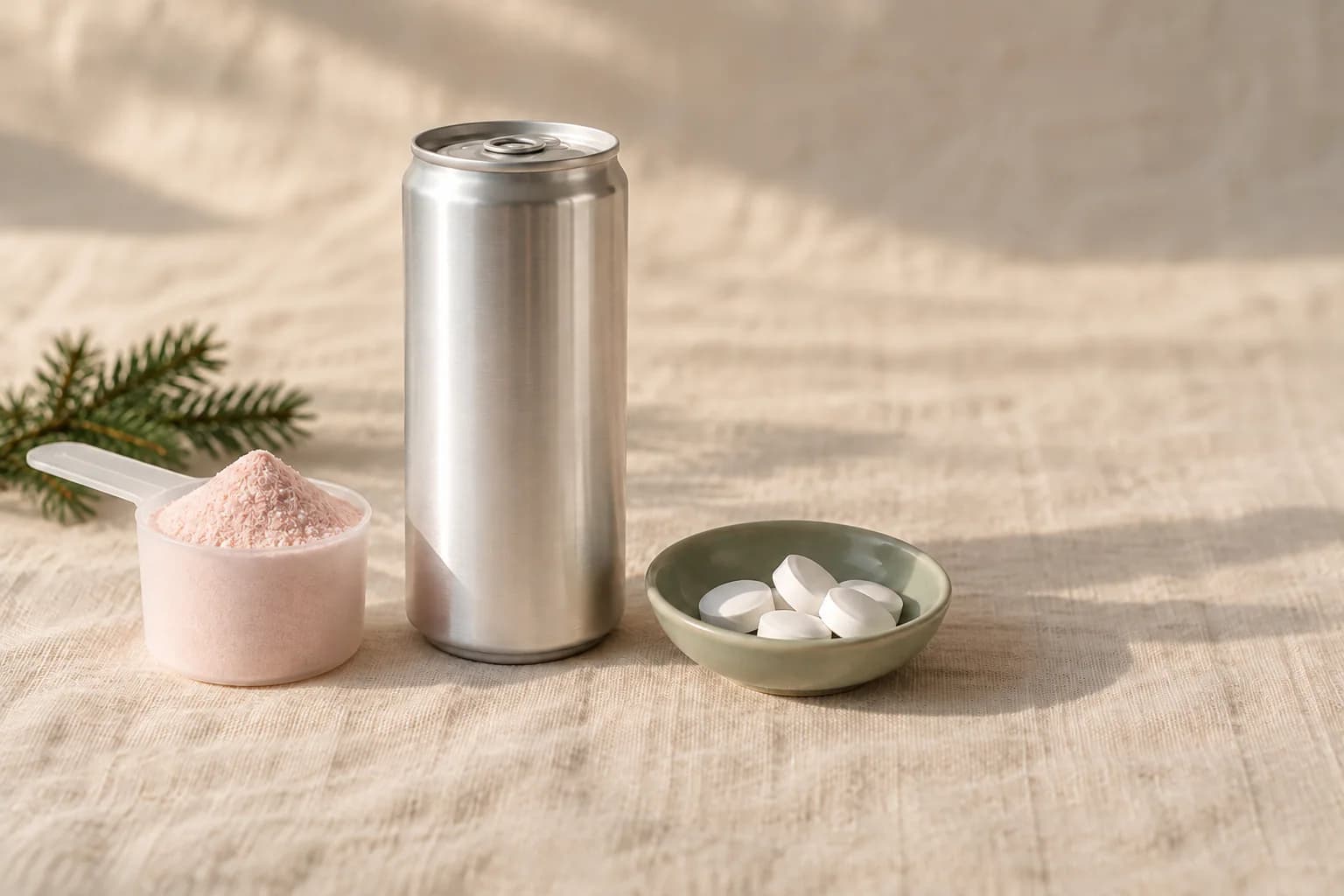 Unlabeled silver can beside a scoop of pink powder and a green bowl of white tablets on sunlit beige fabric.