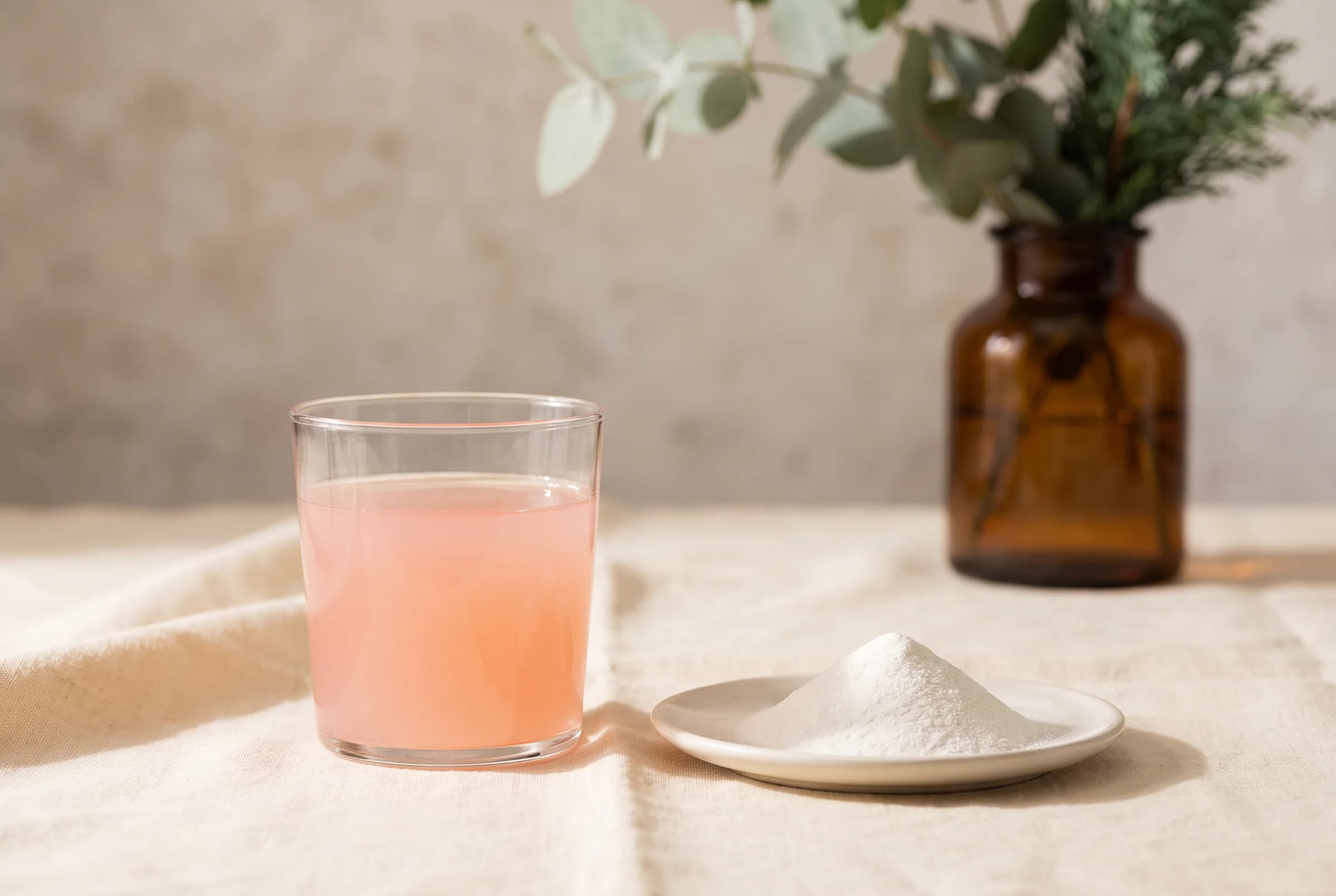 A clear, pale pink juice-like beverage in a simple glass next to a mound of fine white powder, set against a cream and linen background.