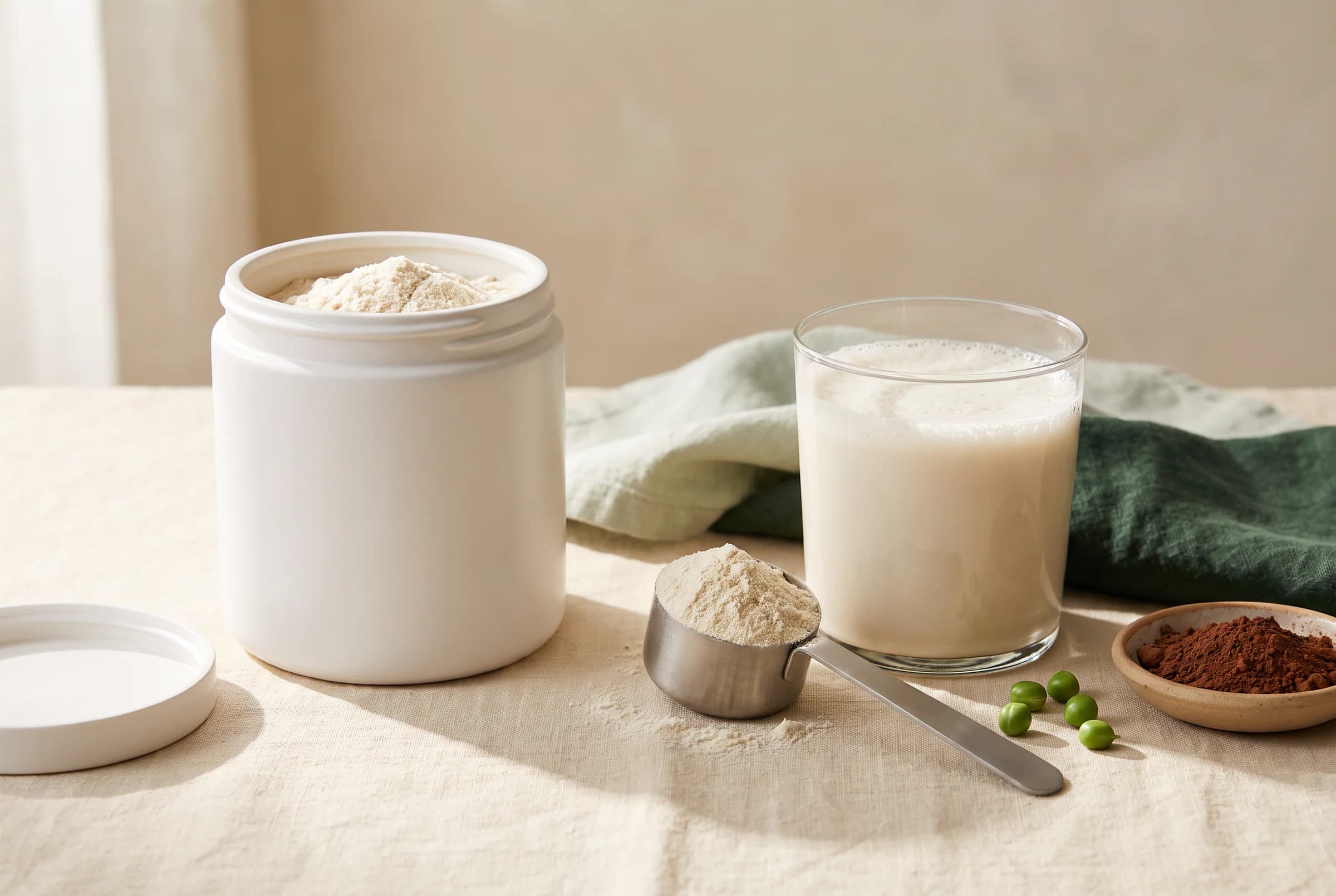Unlabeled tub of protein powder with a scoop, a glass of shake, raw peas and cocoa powder on a cream linen surface in soft morning light.