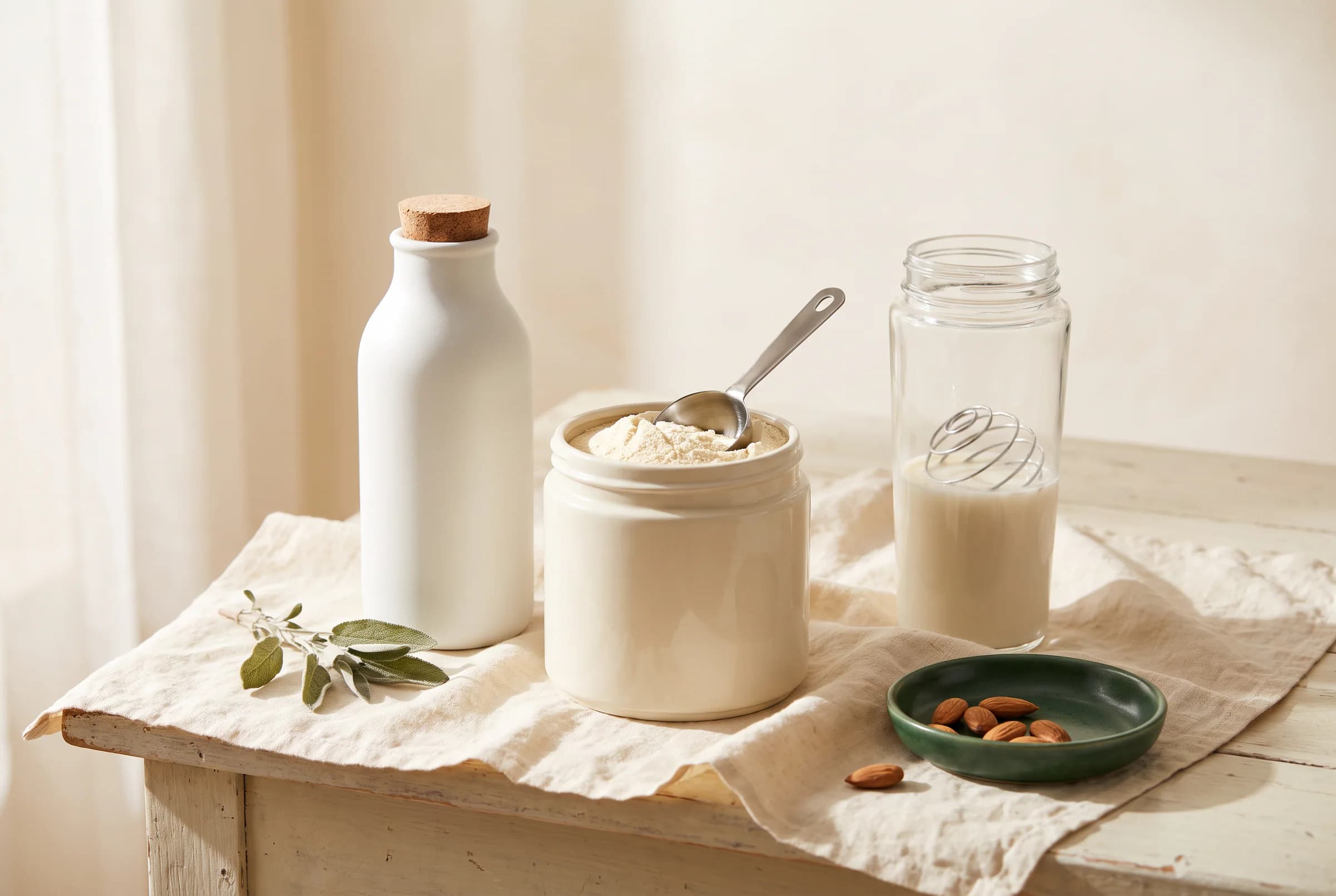 A plain unlabeled bottled protein shake beside an open tub of protein powder with a scoop and shaker on a linen-covered table in soft morning light.