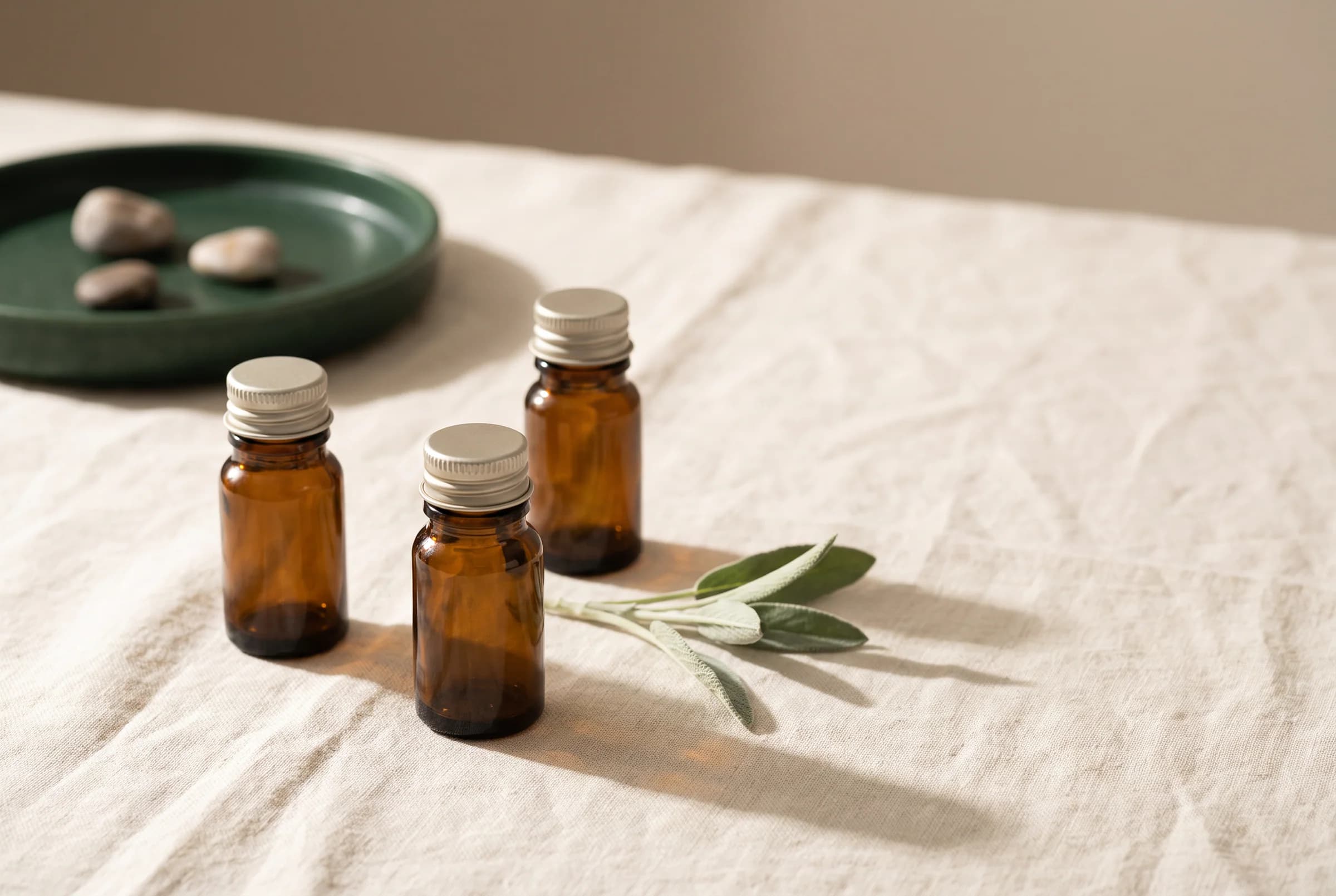 Three small unlabeled amber glass shot bottles on a cream linen surface in soft morning light, with a sprig of sage and generous empty space