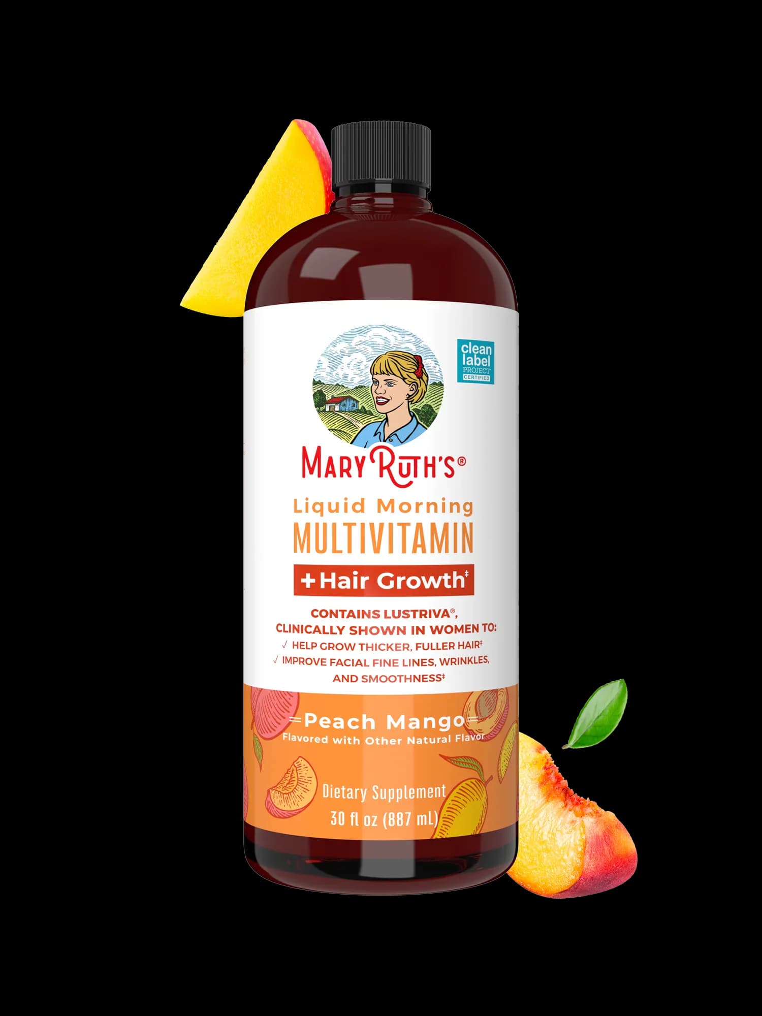 Front of the MaryRuth's Liquid Morning Multivitamin + Hair Growth 30 fl oz bottle, Peach Mango