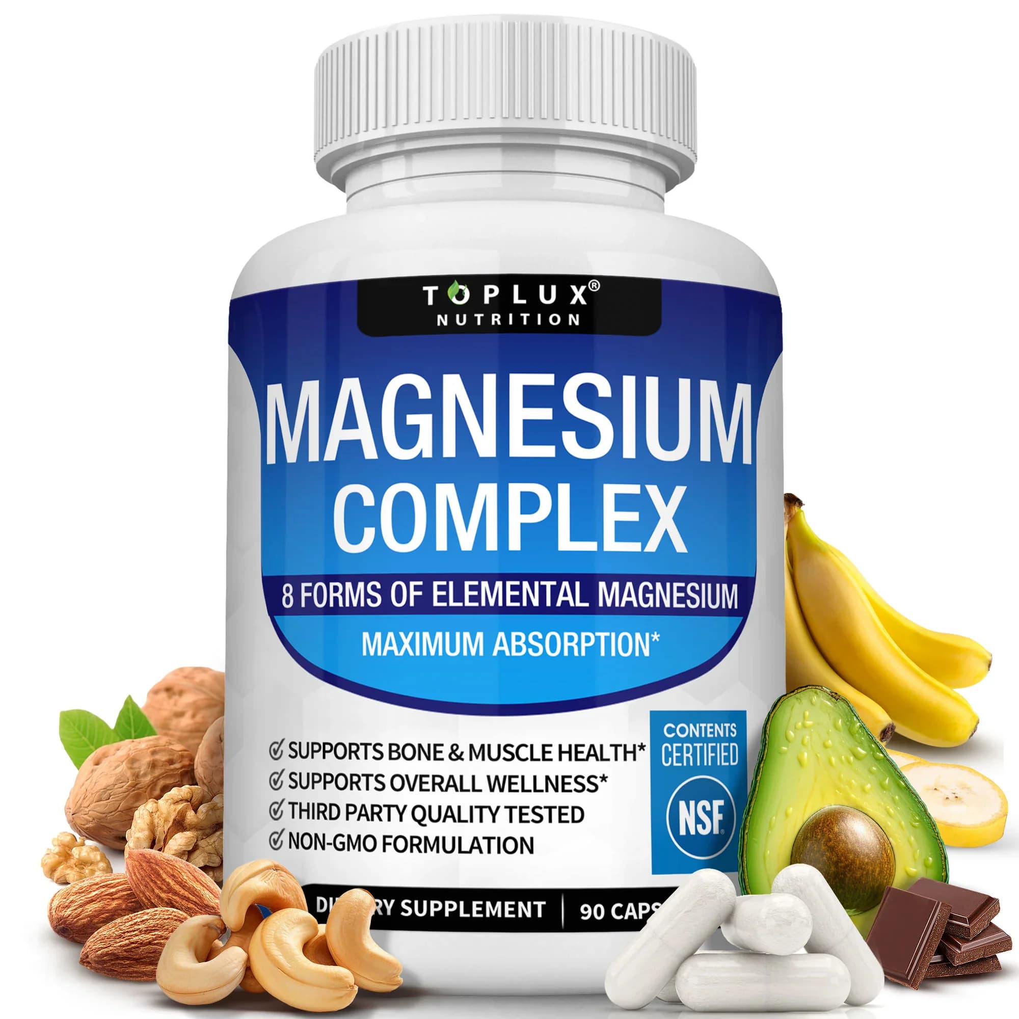 Front of the Toplux Magnesium Complex 90-capsule bottle