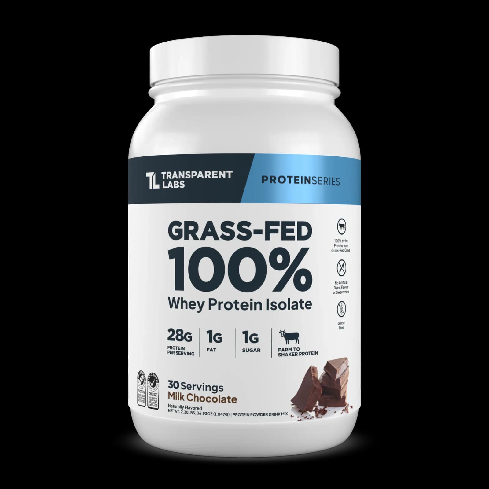 Front of Transparent Labs Grass-Fed 100% Whey Protein Isolate Milk Chocolate 30-serving tub