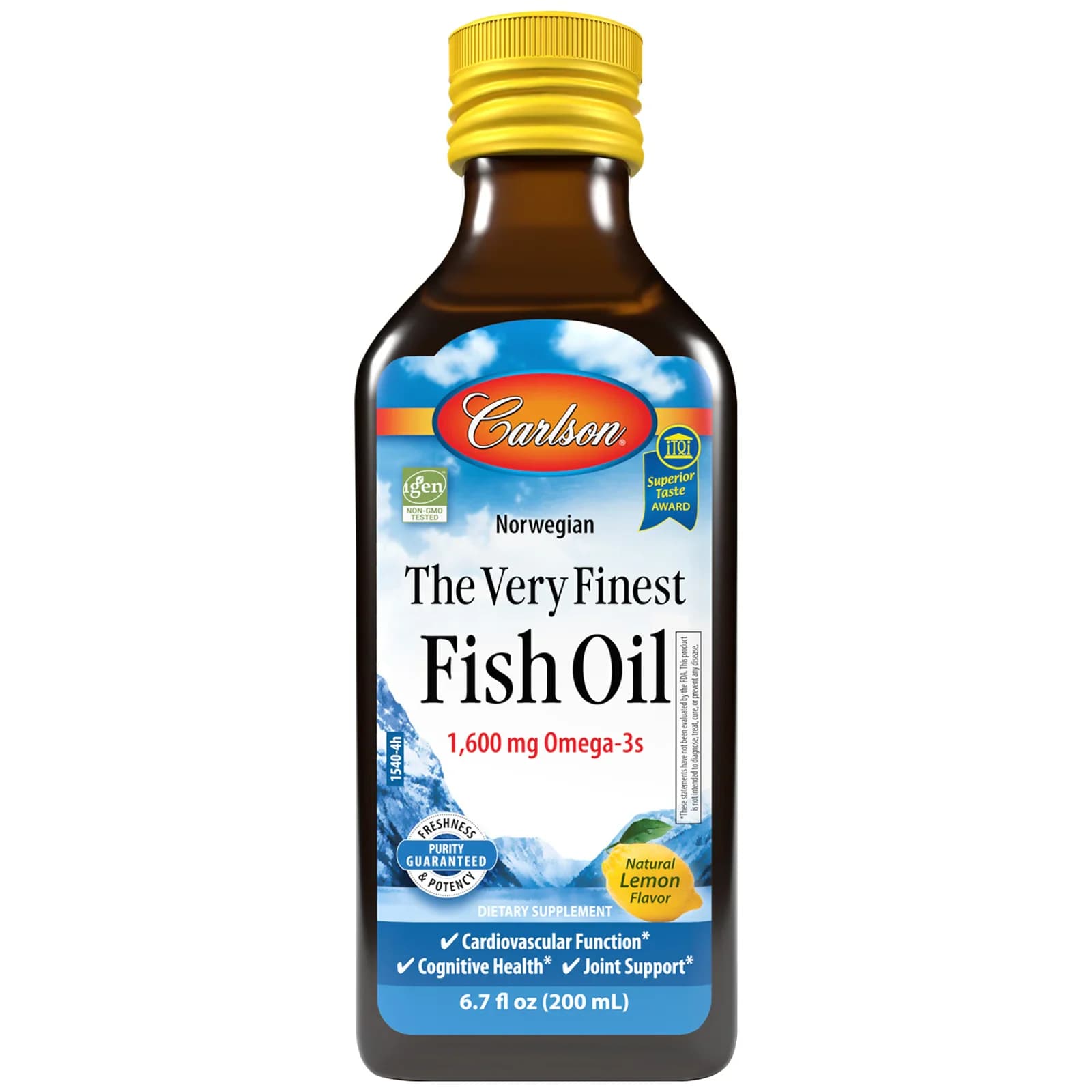 Front of Carlson The Very Finest Fish Oil liquid, natural lemon, 200 mL bottle