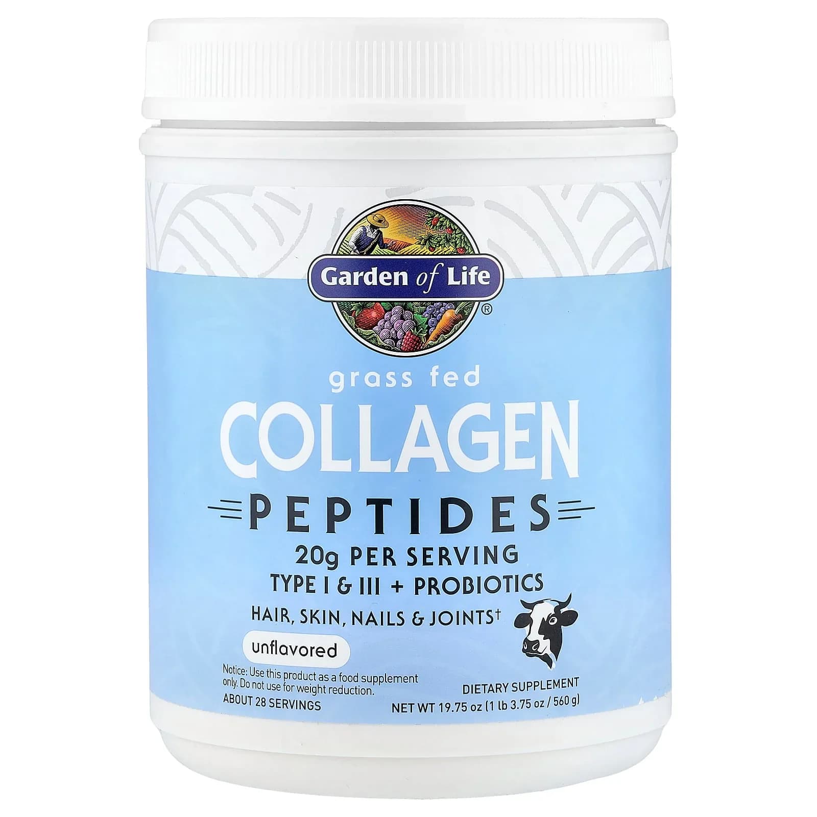 Front of Garden of Life Grass Fed Collagen Peptides unflavored 19.75 oz tub