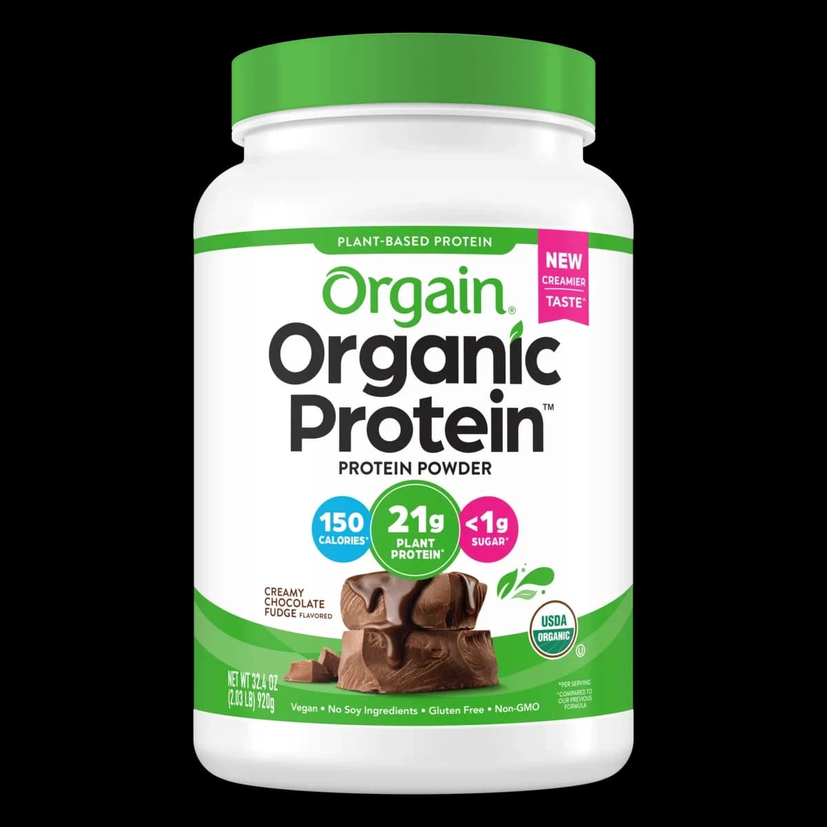 Front of Orgain Organic Protein Creamy Chocolate Fudge 2.03 lb tub
