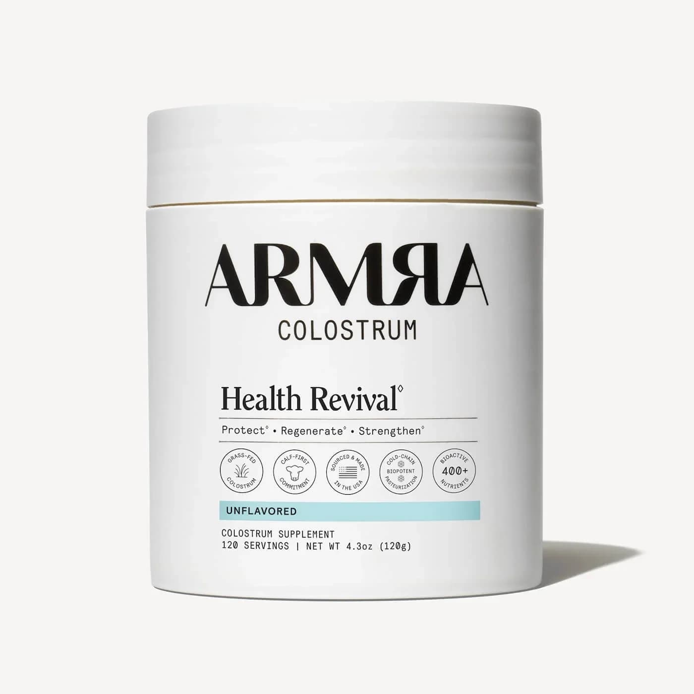 Front of the ARMRA Colostrum Health Revival Unflavored jar, 120 servings, 4.3 oz