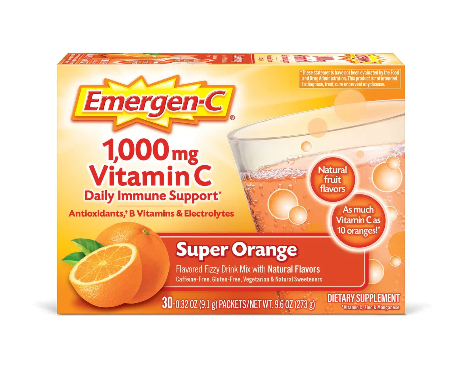 Front of the Emergen-C Super Orange 30-packet carton as shown on the brand site