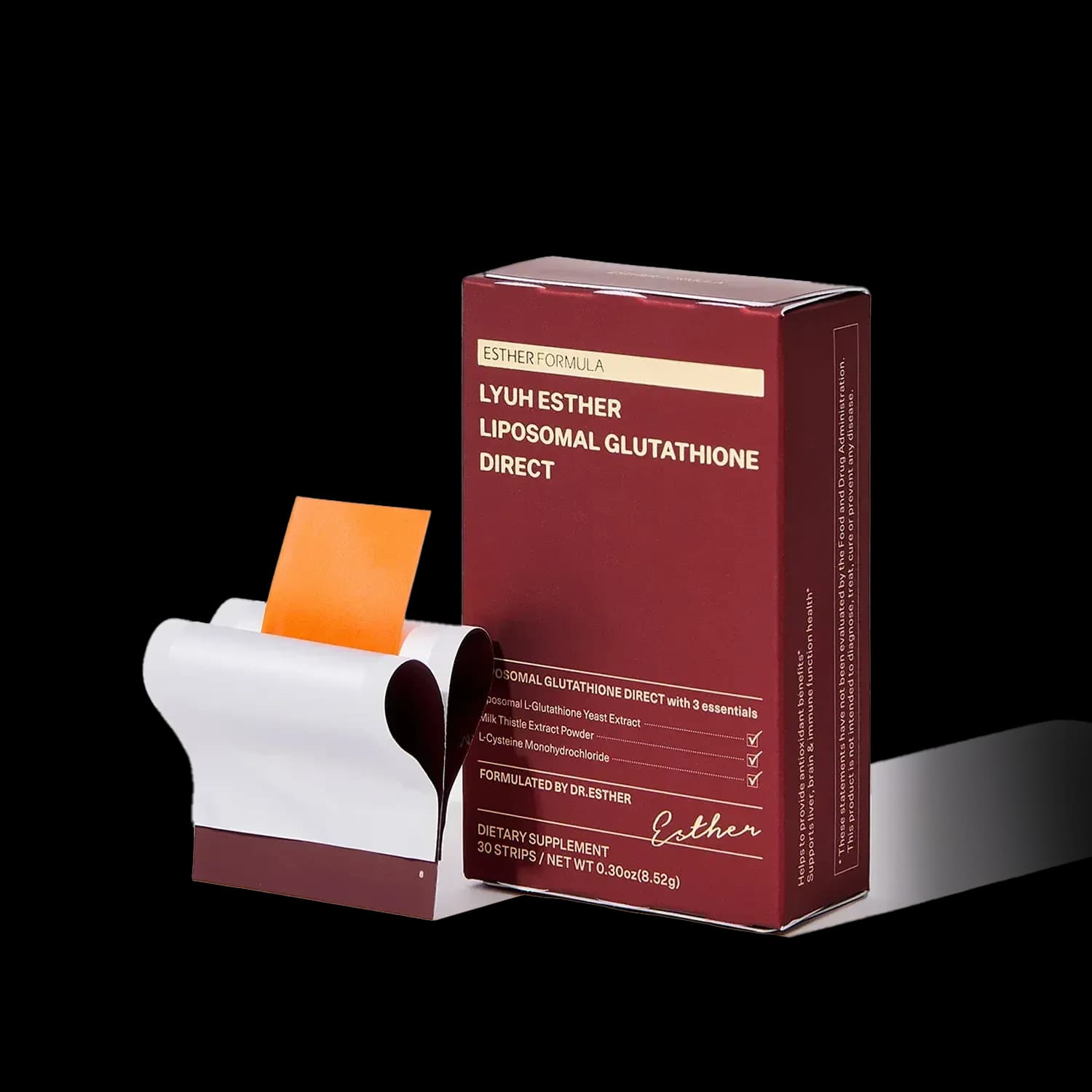 ESTHER FORMULA Liposomal Glutathione Direct box (30 strips) with an orange strip in its pouch