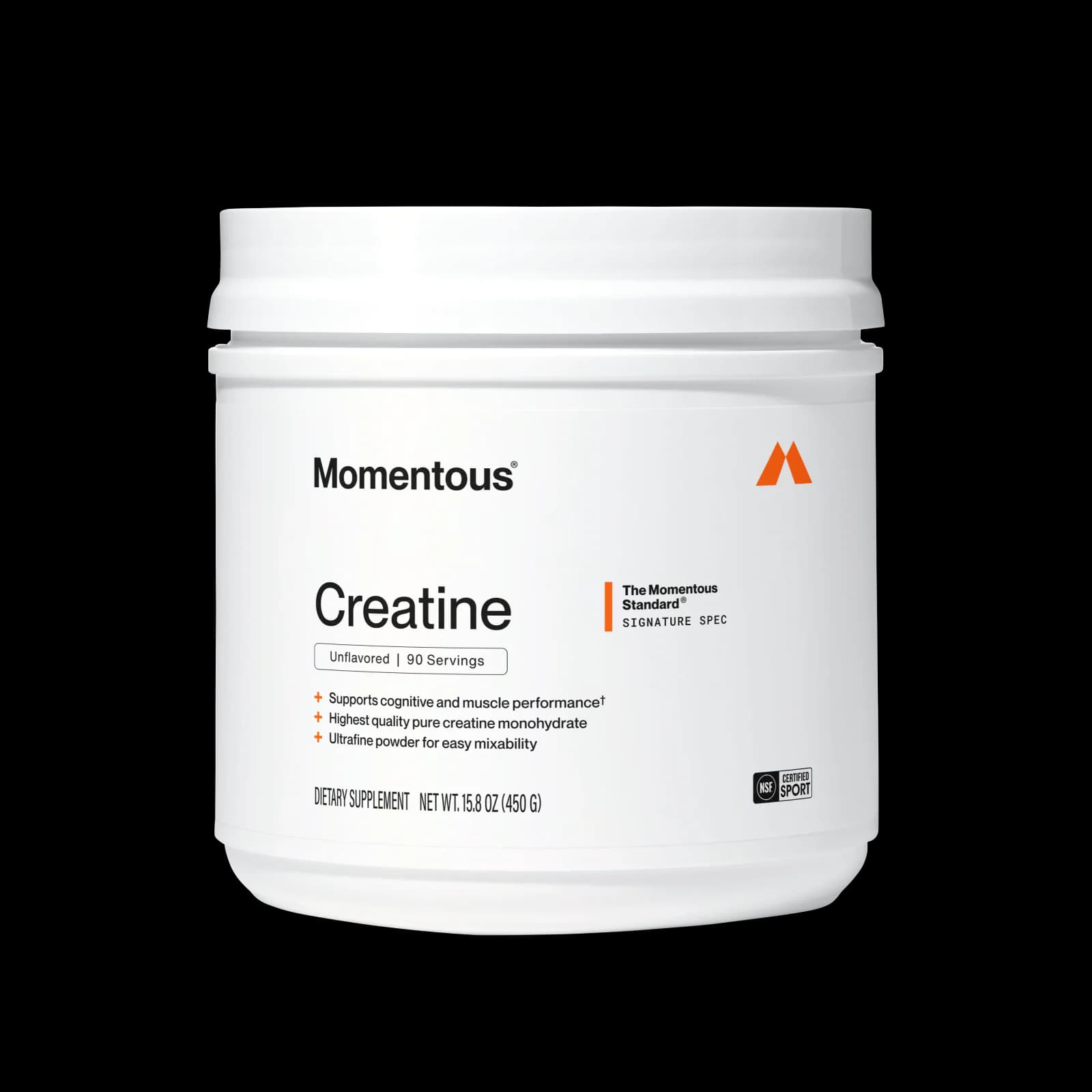 Front of Momentous Creatine Signature Spec jar, Unflavored, 90 servings, 15.8 oz (450 g)