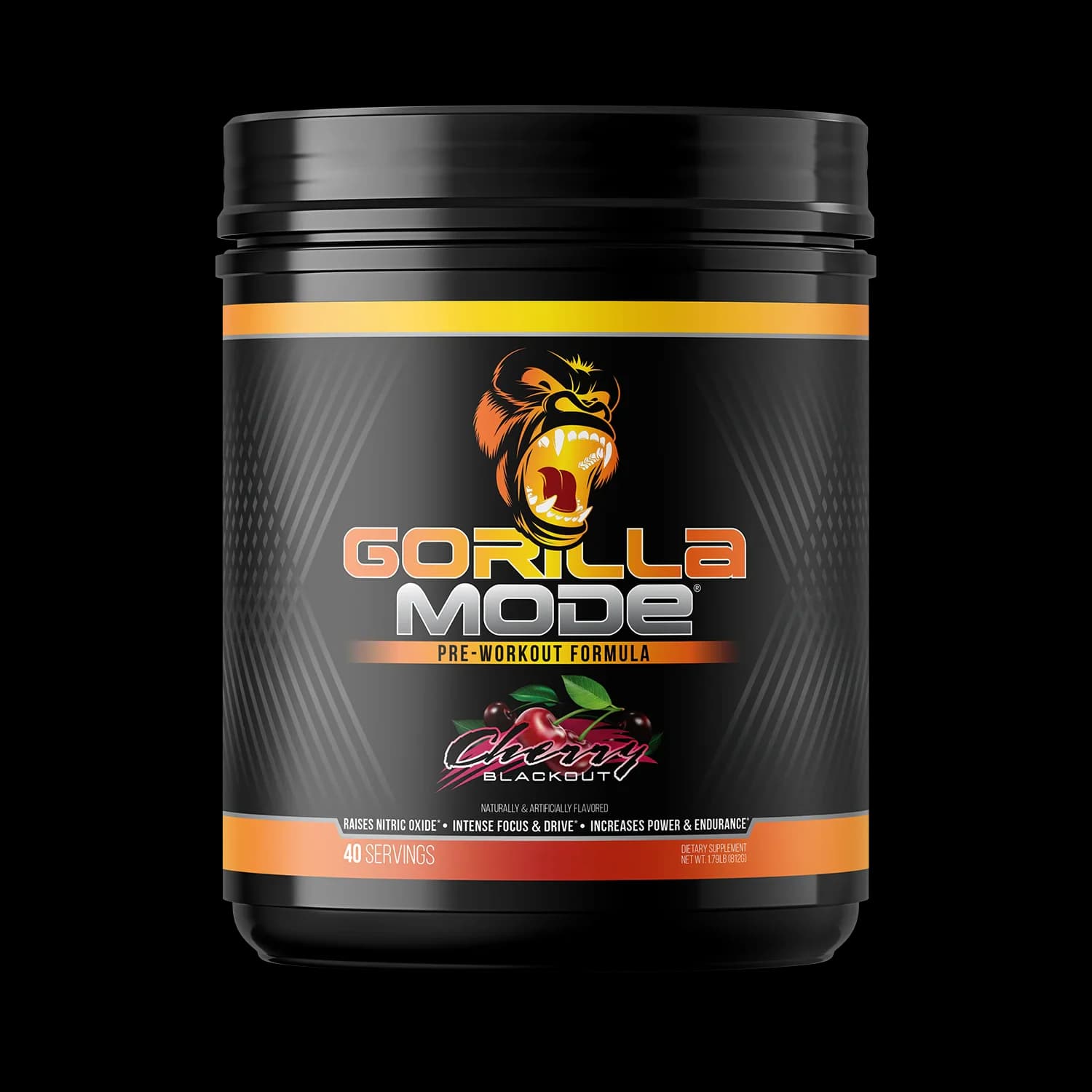 Front of Gorilla Mode pre-workout Cherry Blackout tub
