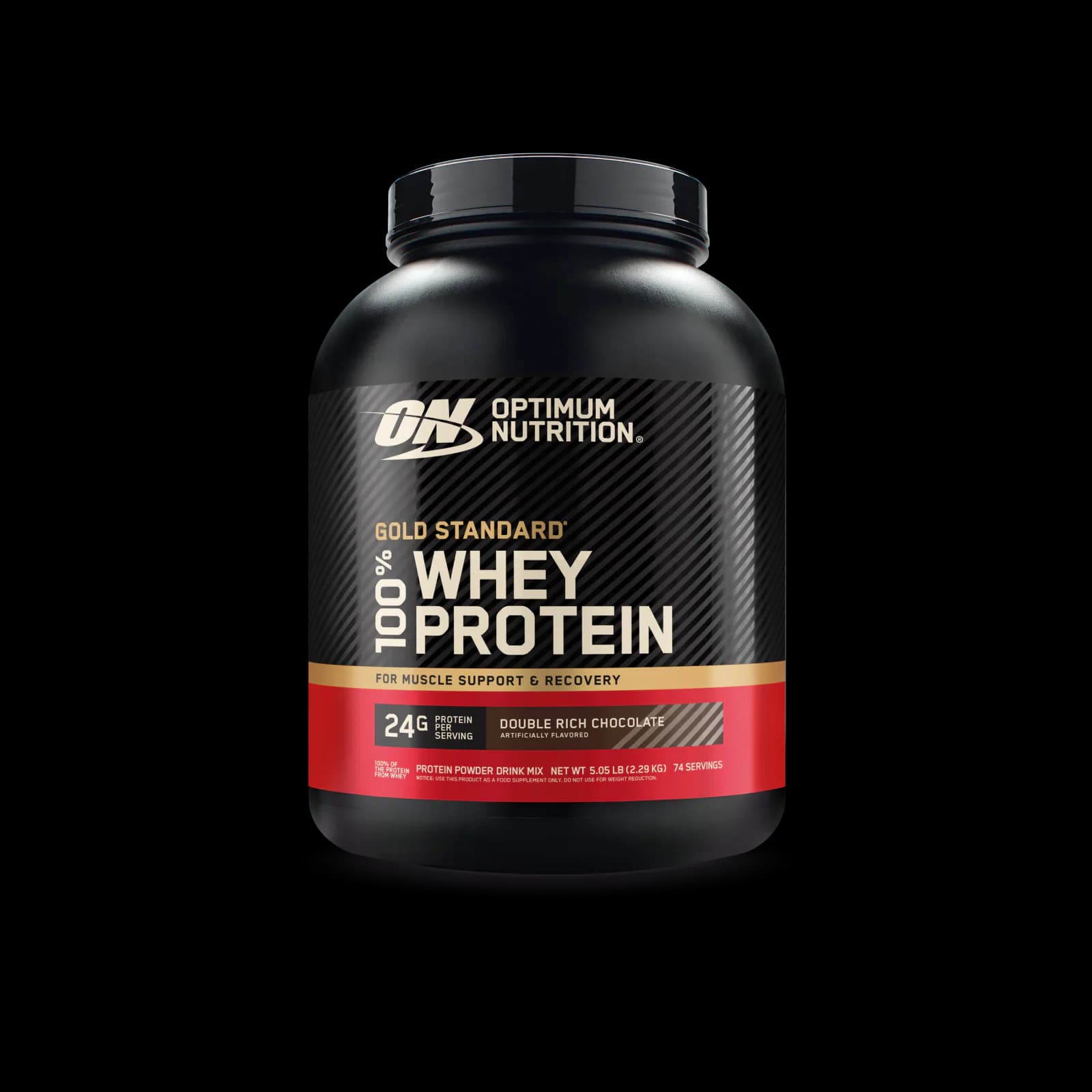 Front of Optimum Nutrition Gold Standard 100% Whey Double Rich Chocolate 5.05 lb tub