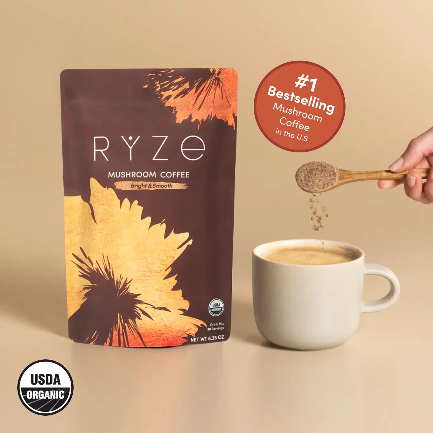 Front of RYZE Mushroom Coffee Medium Roast 30-serving pouch with a mug of coffee