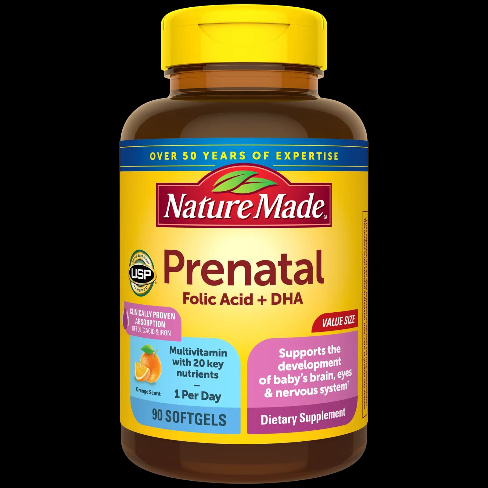 Front of the Nature Made Prenatal Folic Acid + DHA softgel bottle (90-count shown)