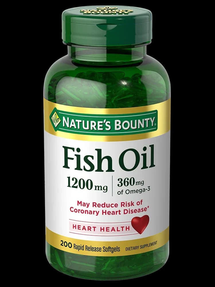 Front of the 200-count Nature's Bounty Fish Oil 1200 mg rapid release softgel bottle
