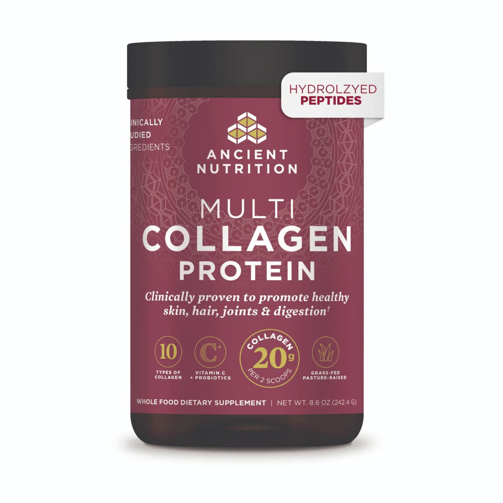 Front of Ancient Nutrition Multi Collagen Protein unflavored 45-serving tub