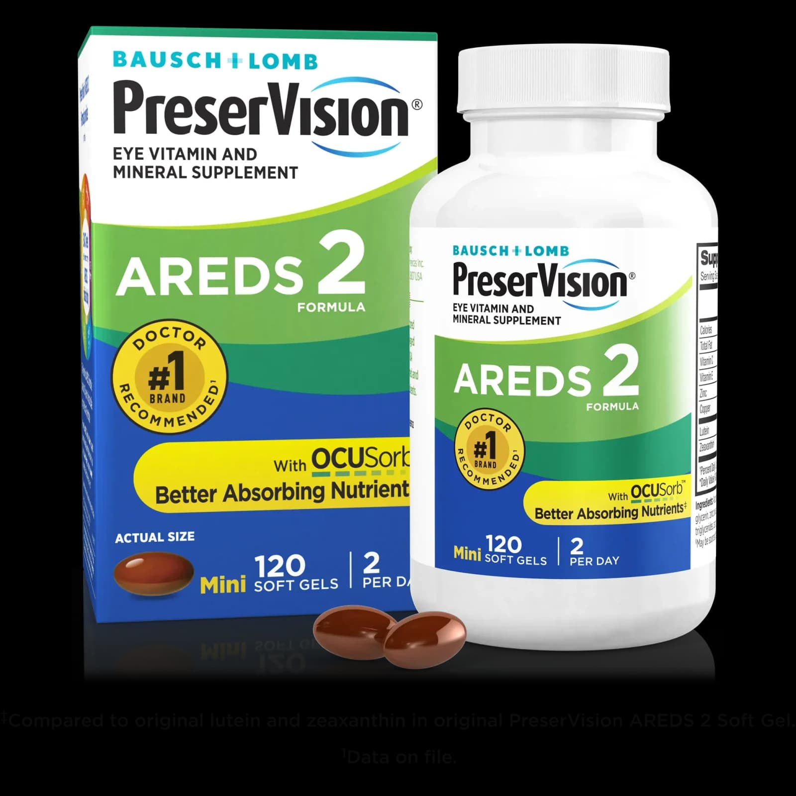 Front of the PreserVision AREDS 2 Formula carton and bottle, 120 mini soft gels