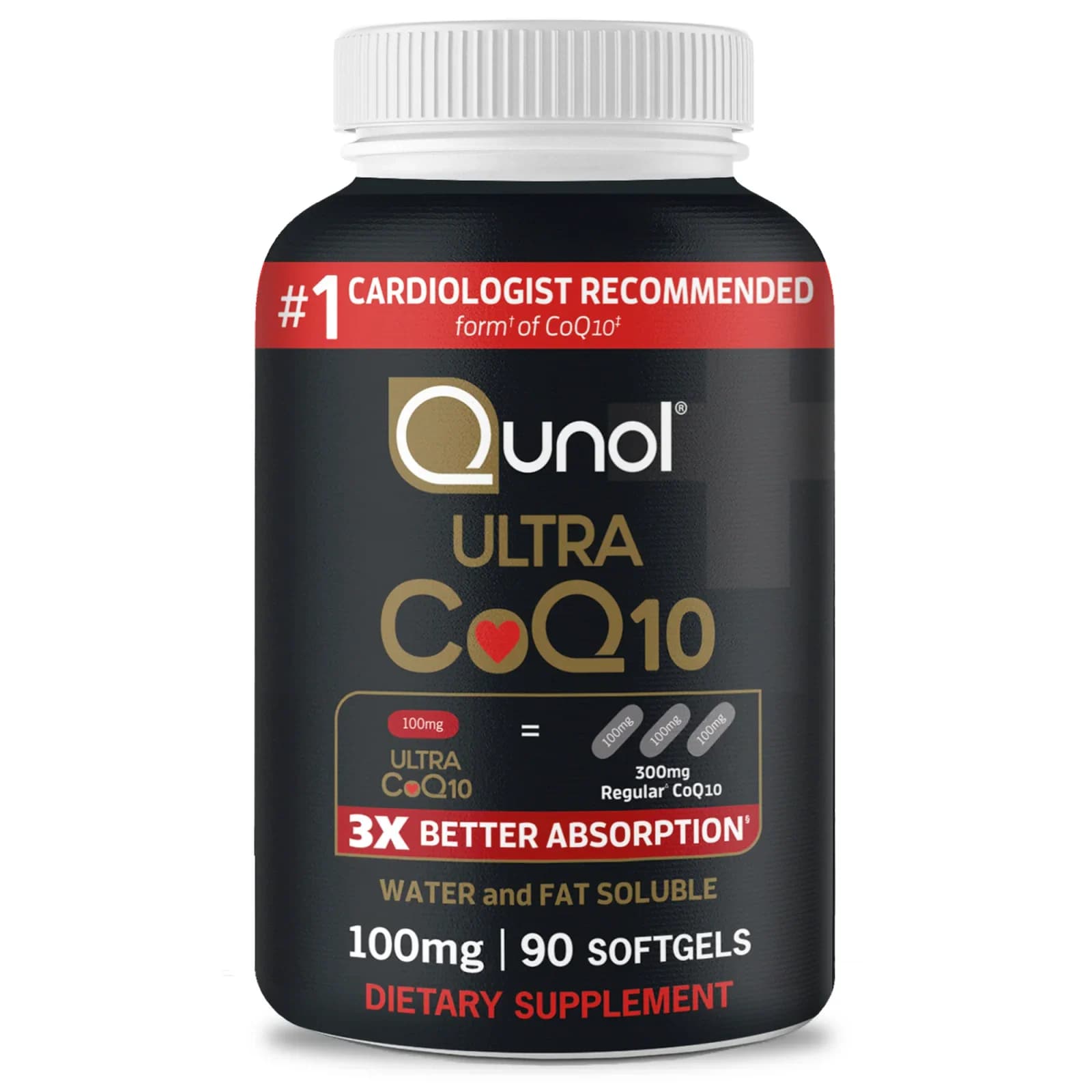 Front of the Qunol Ultra CoQ10 100 mg bottle, 90 softgels